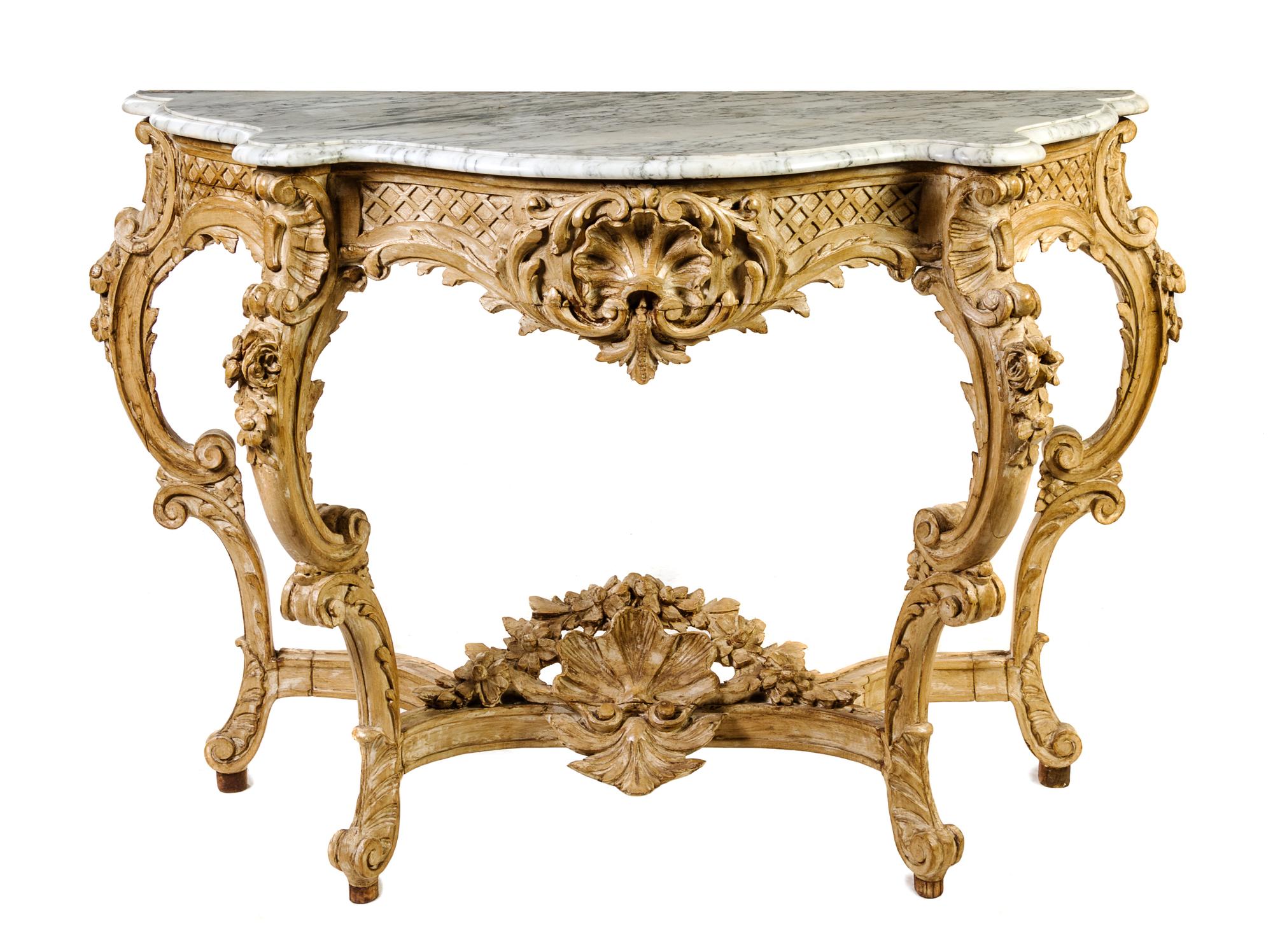 A Louis XV Style Cerused Wood Console Table Height 36 x width 54 1/4 x depth 20 inches. — LATE 19TH/EARLY 20TH CENTURY