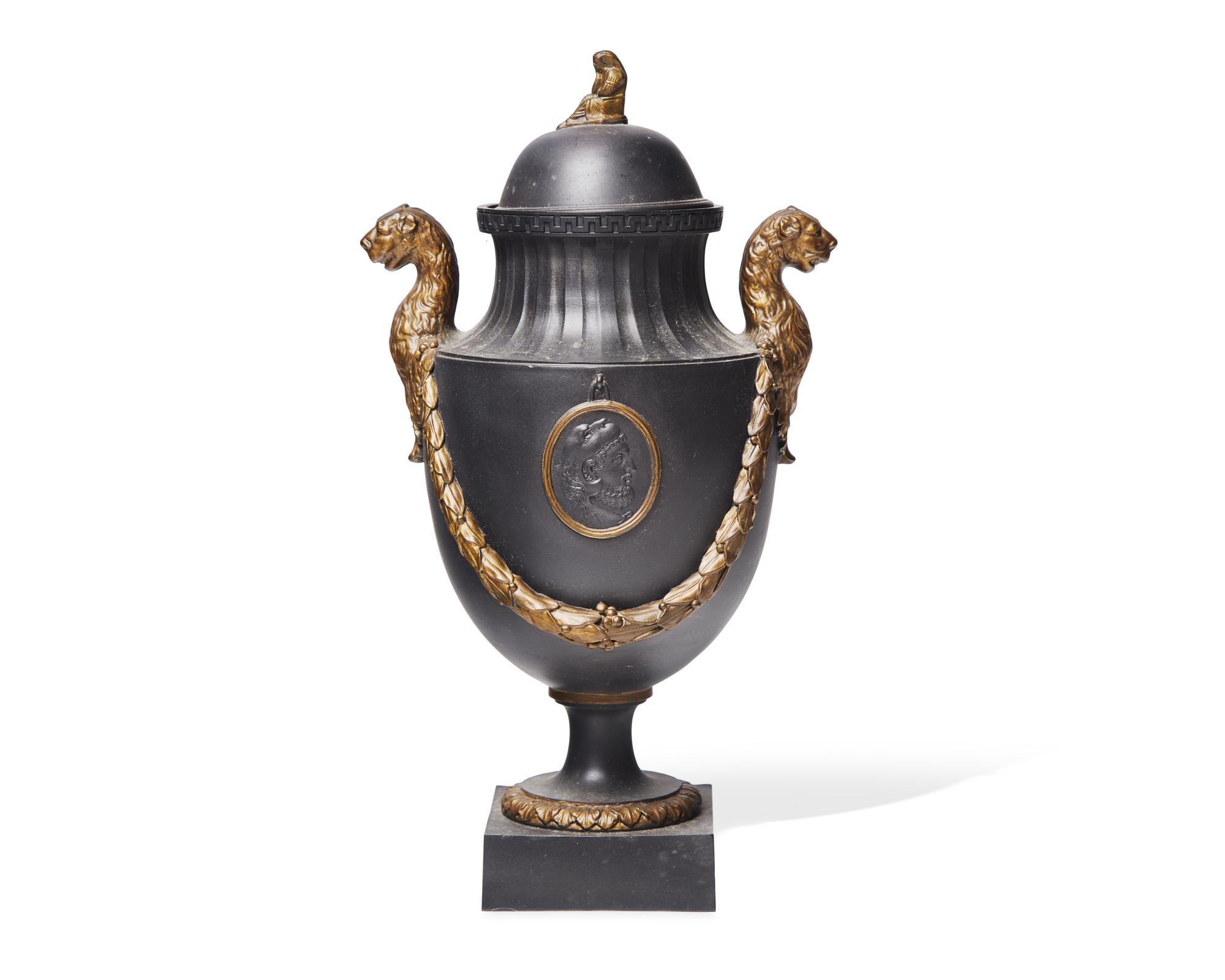 An English Bronze Decorated Basalt Twin-Handle Urn