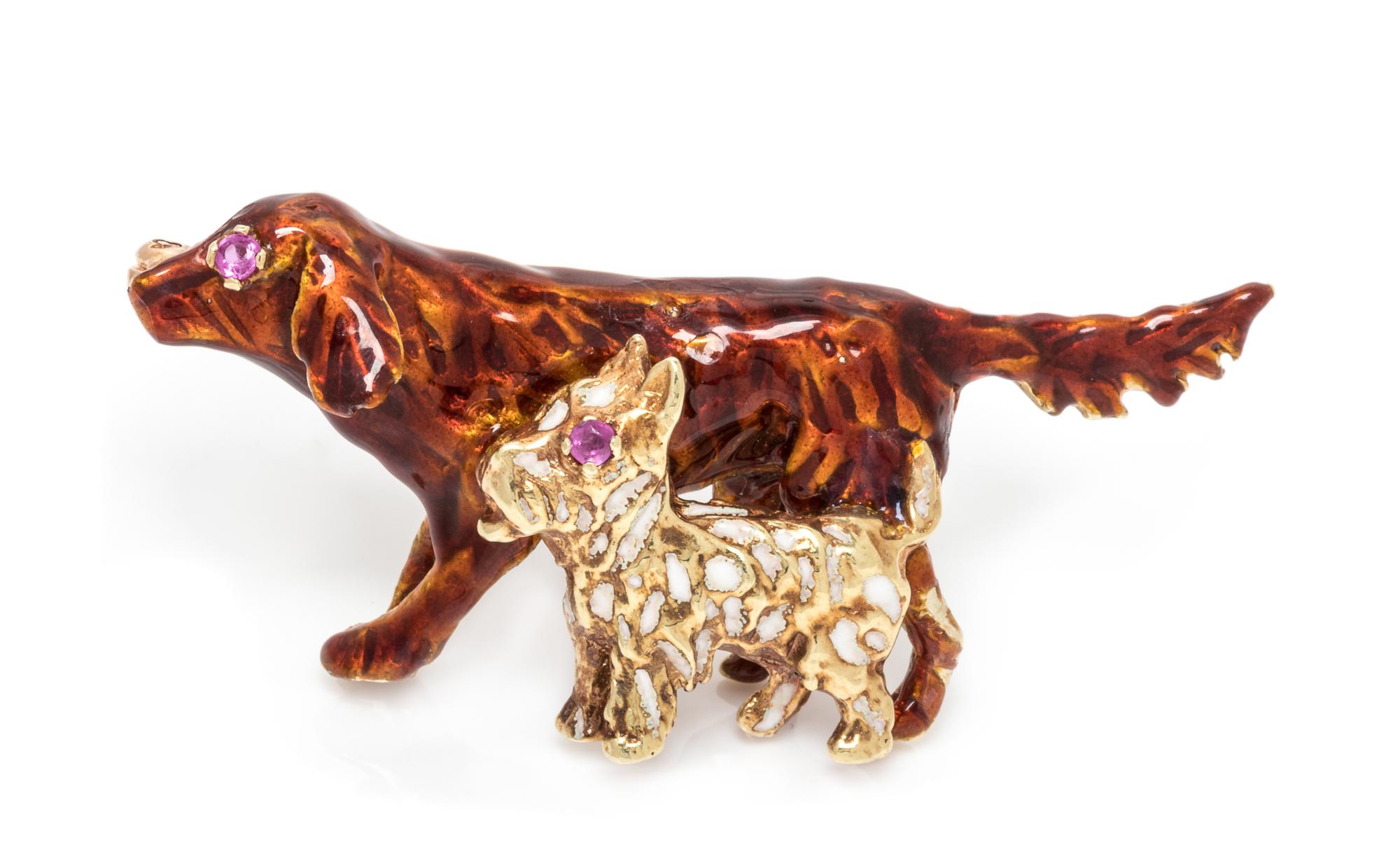 A 14 Karat Yellow Gold, Ruby and Polychrome Enamel Dog Motif Brooch, 6.70 dwts.
