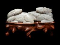 A Mottled Grey Jade Carving of Double Deers