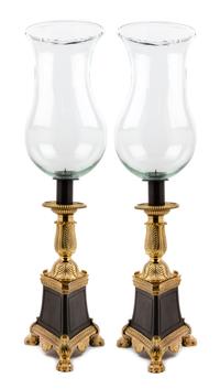 A Pair of Empire Style Gilt and Patinated Bronze Hurricane Candlesticks