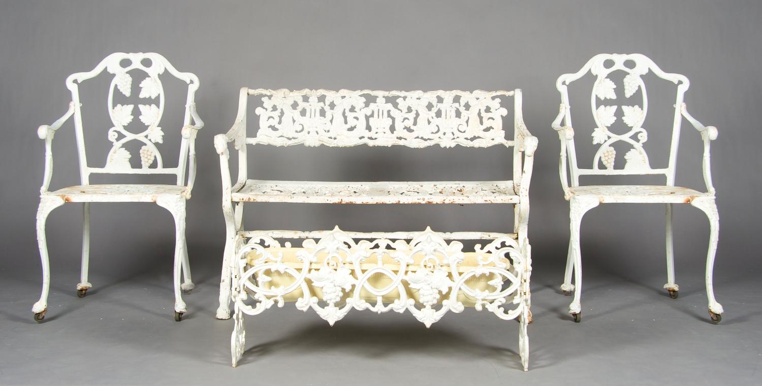 An Assembled Suite of Cast Iron Garden Furniture, Width of first 43 inches.