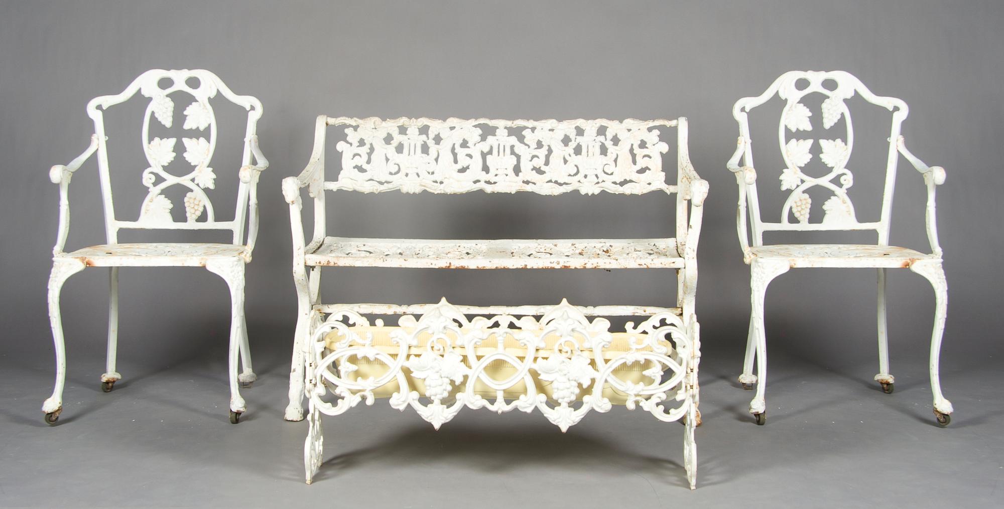 An Assembled Suite of Cast Iron Garden Furniture, Width of first 43 inches.