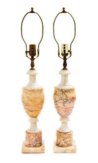 A Pair of Alabaster Table Lamps Height 27 1/2 inches.