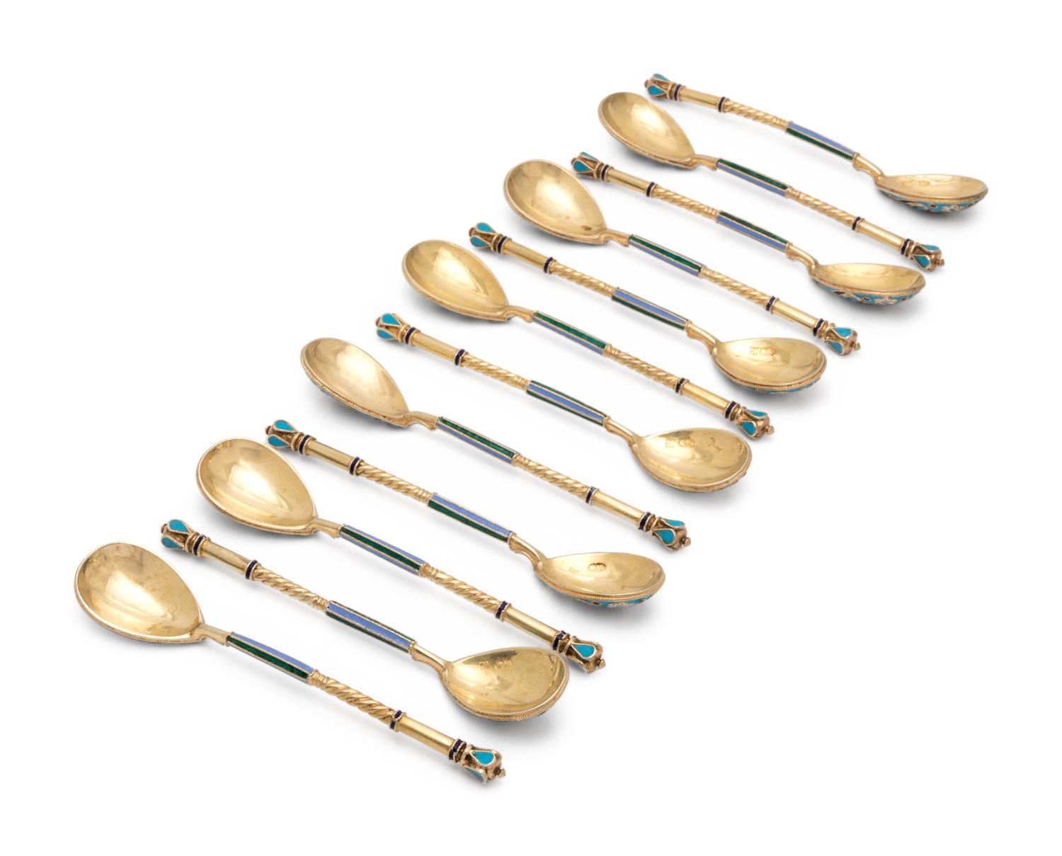 A Set of Twelve Russian Silver-Gilt and Enamel Teaspoons