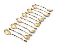A Set of Twelve Russian Silver-Gilt and Enamel Teaspoons