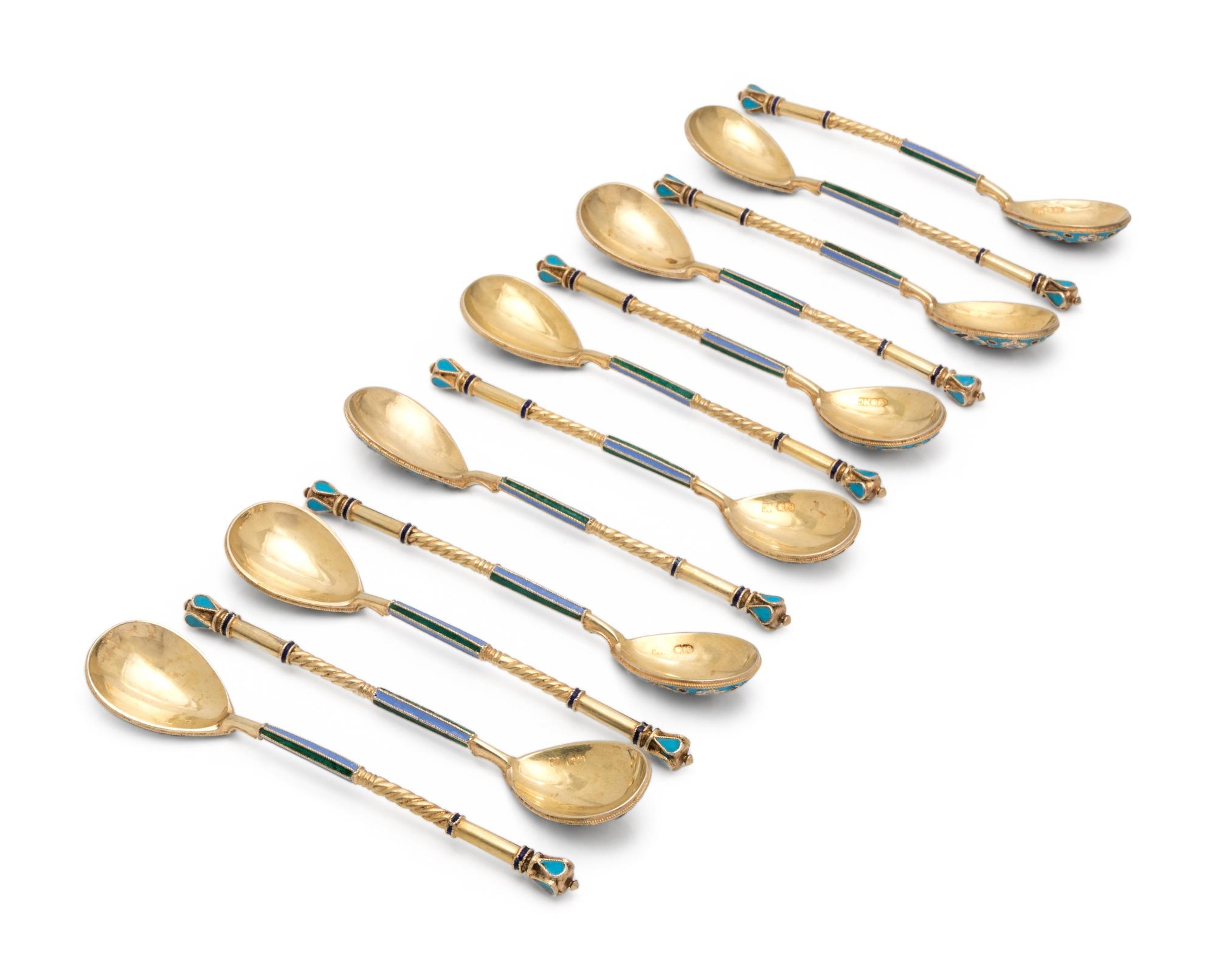 A Set of Twelve Russian Silver-Gilt and Enamel Teaspoons