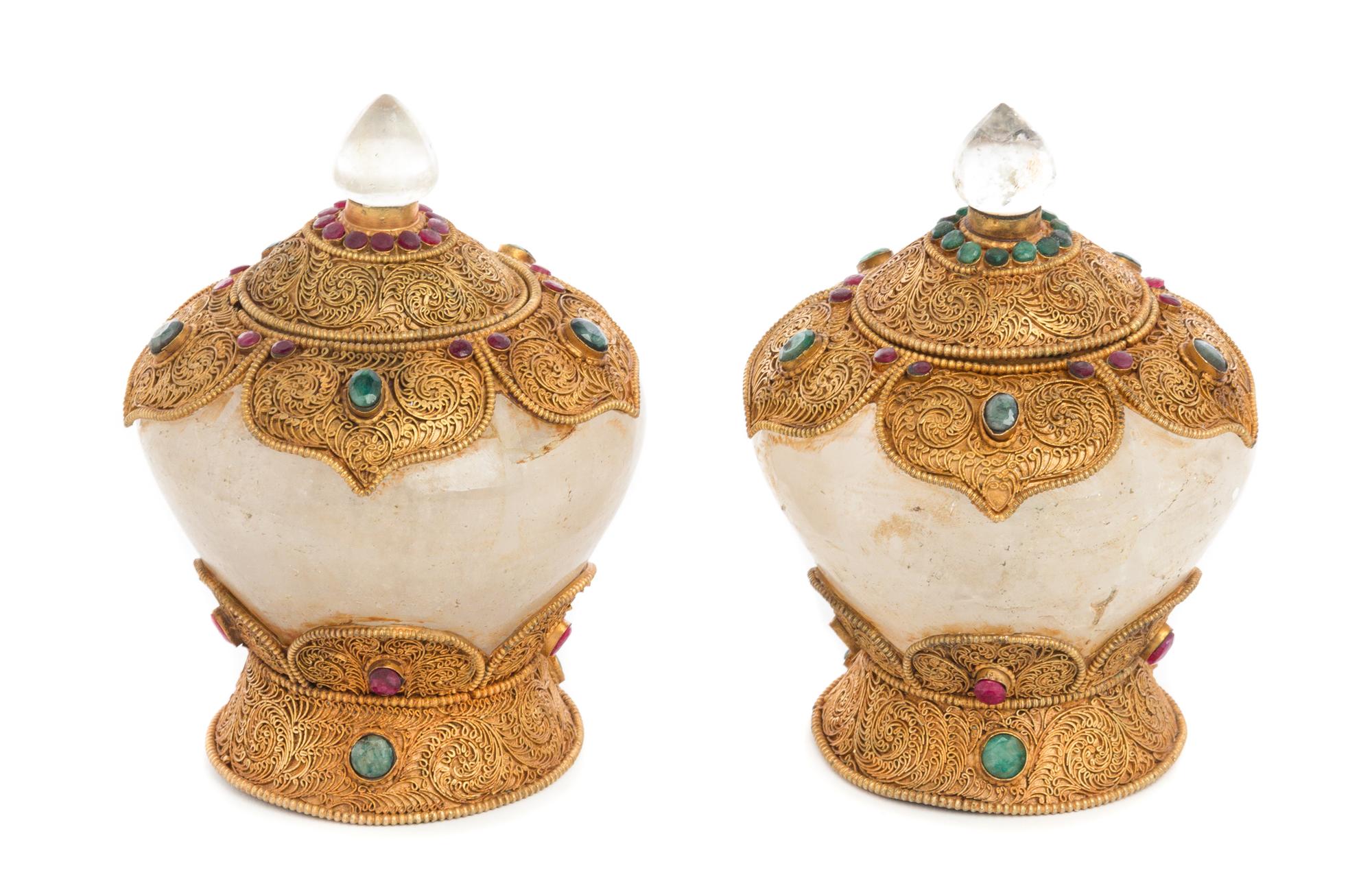 A Pair of Gilt Filigree Mounted Rock Crystal Covered Bowls Height 5 1/4 inches. — 20TH CENTURY