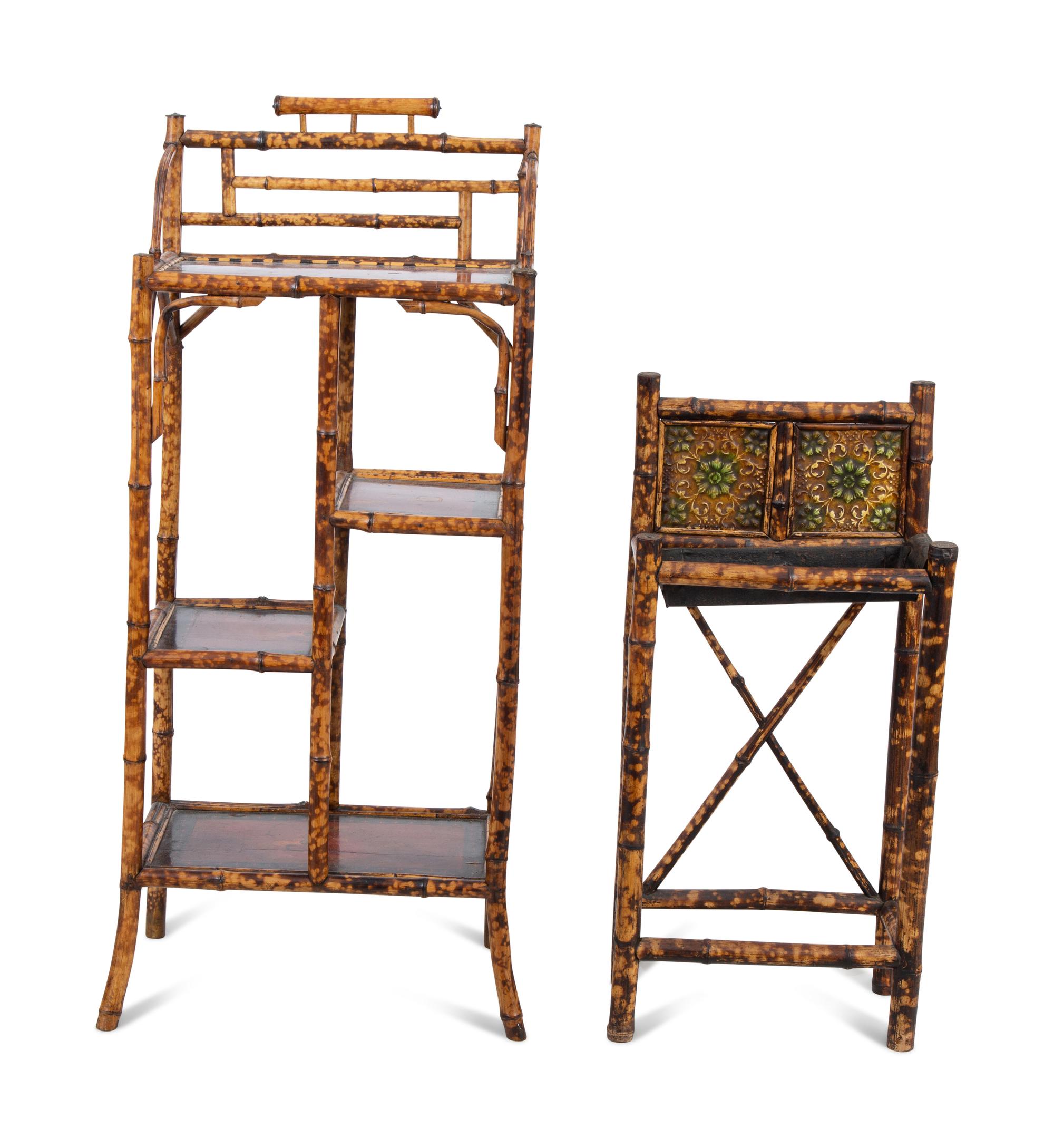 A Victorian Style Burnt Bamboo Octagonal Table, Umbrella Stand, and Etagere — 19TH/20TH CENTURY