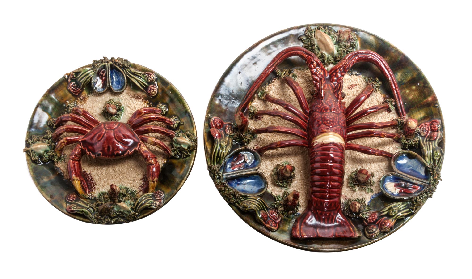 Two Palissy Style Plates Diameter of larger 12 1/4 inches.