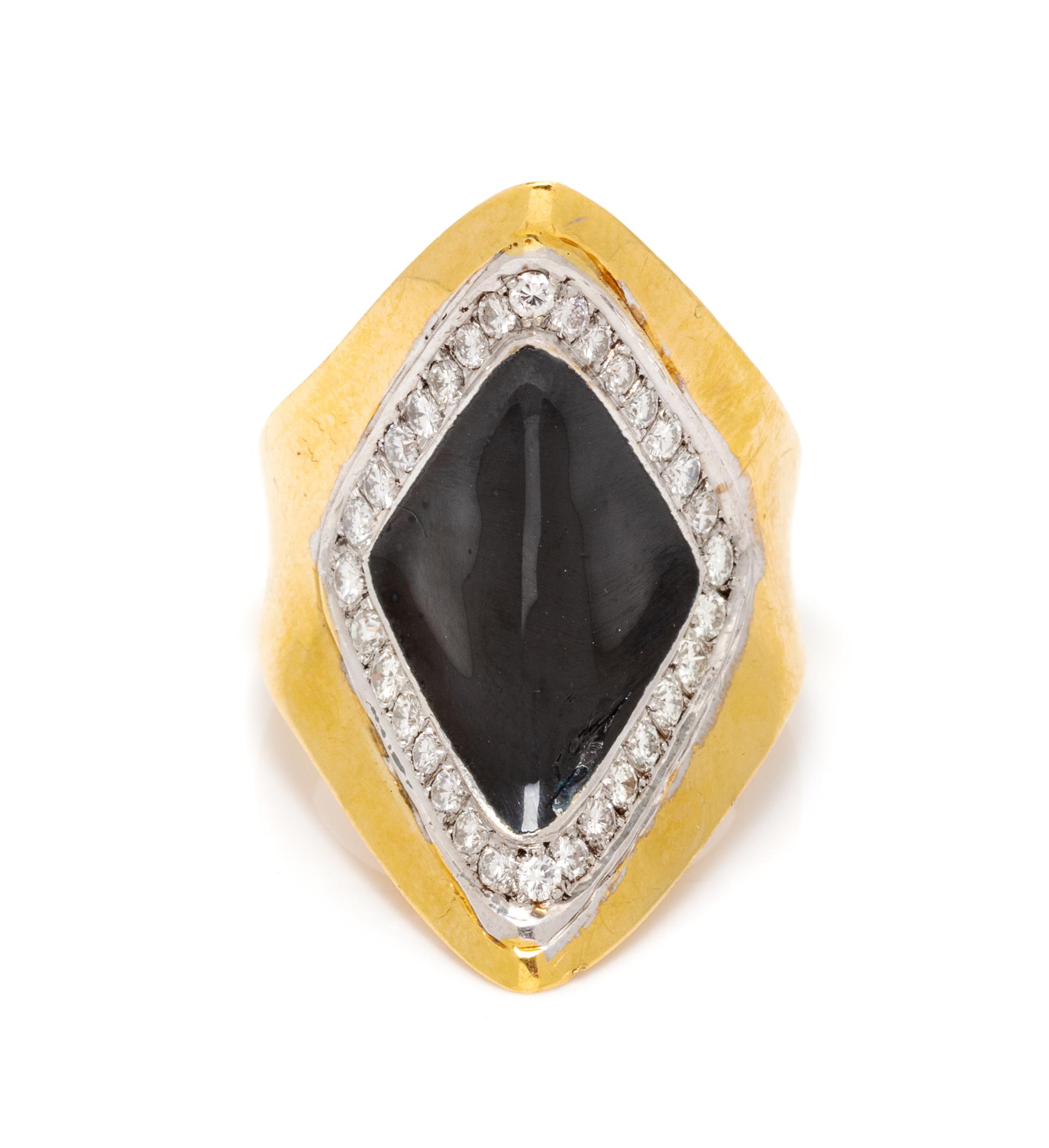 An 18 Karat Yellow Gold, Platinum, Diamond and Enamel Ring, 10.00 dwts.