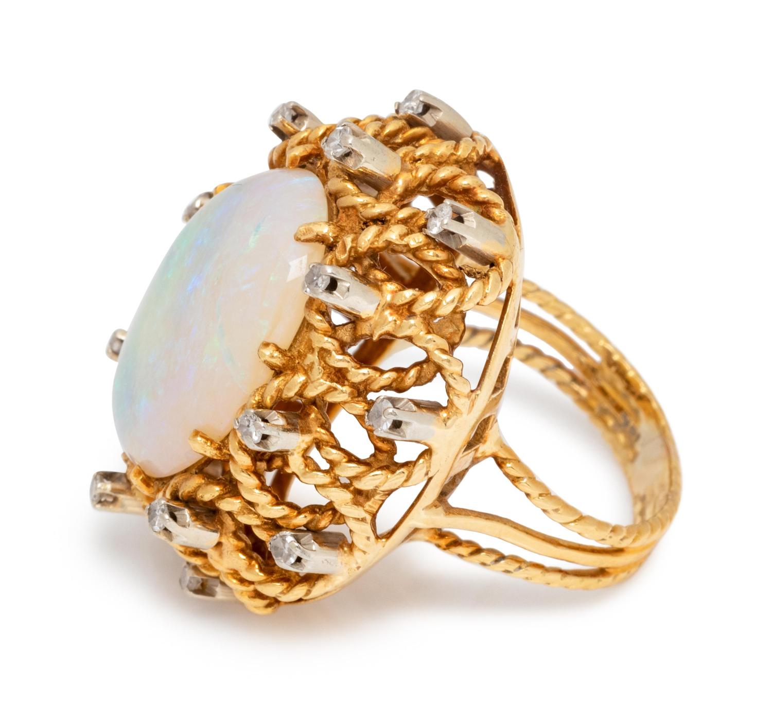 An 18 Karat Yellow Gold, Opal and Diamond Ring,