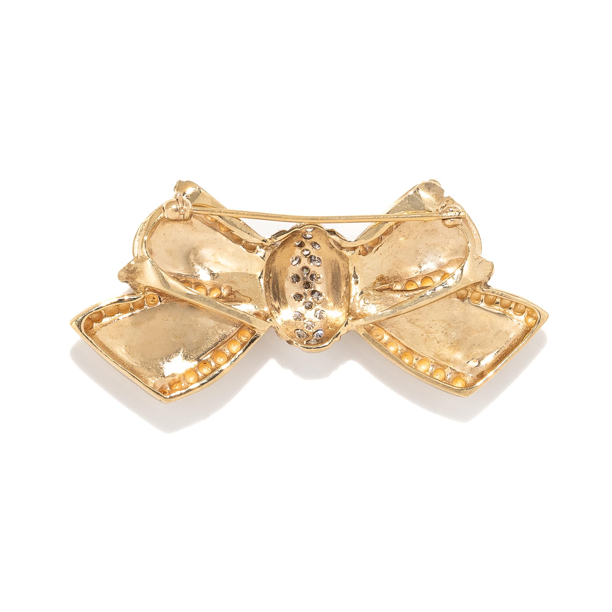 SATIN FINISH YELLOW GOLD & DIAMOND BOW BROOCH