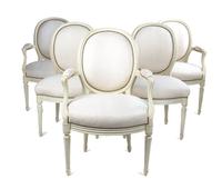 A Set of Five Louis XVI Style Painted Fauteuils Height of first 19 inches. — 20TH CENTURY