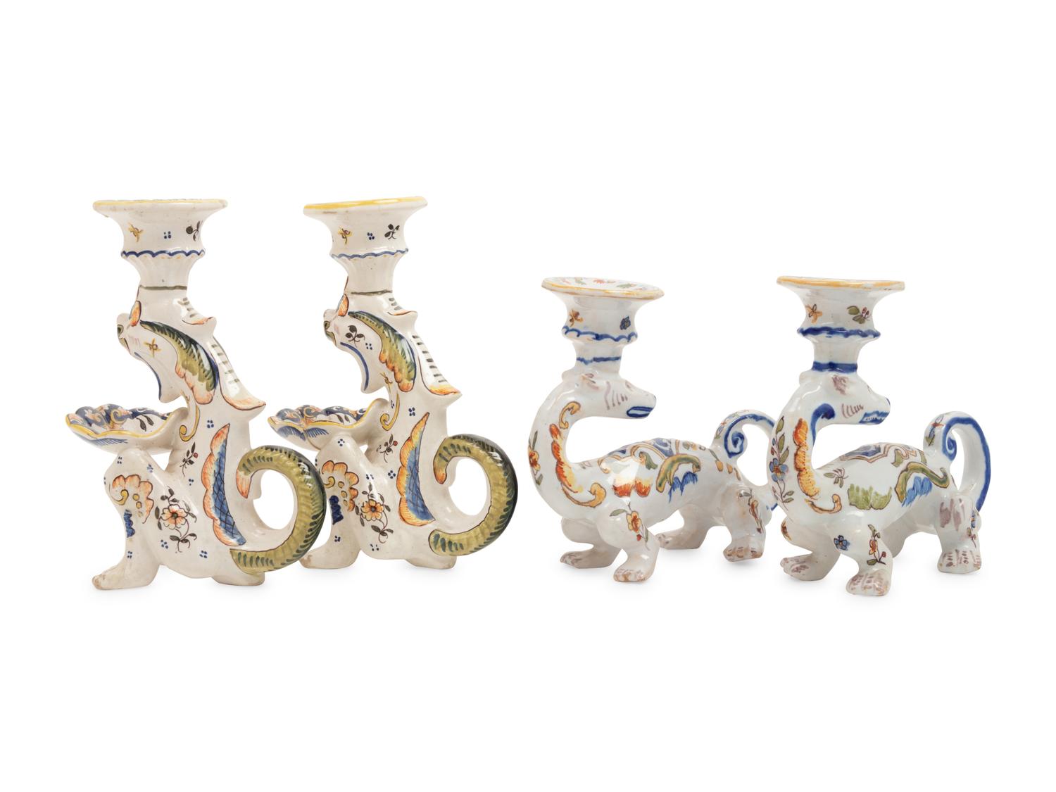 Two Pairs of French Faience 'Dragon' Candlesticks