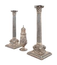 A Pair of English Silver-Plate Candlesticks and an American Silver Muffineer