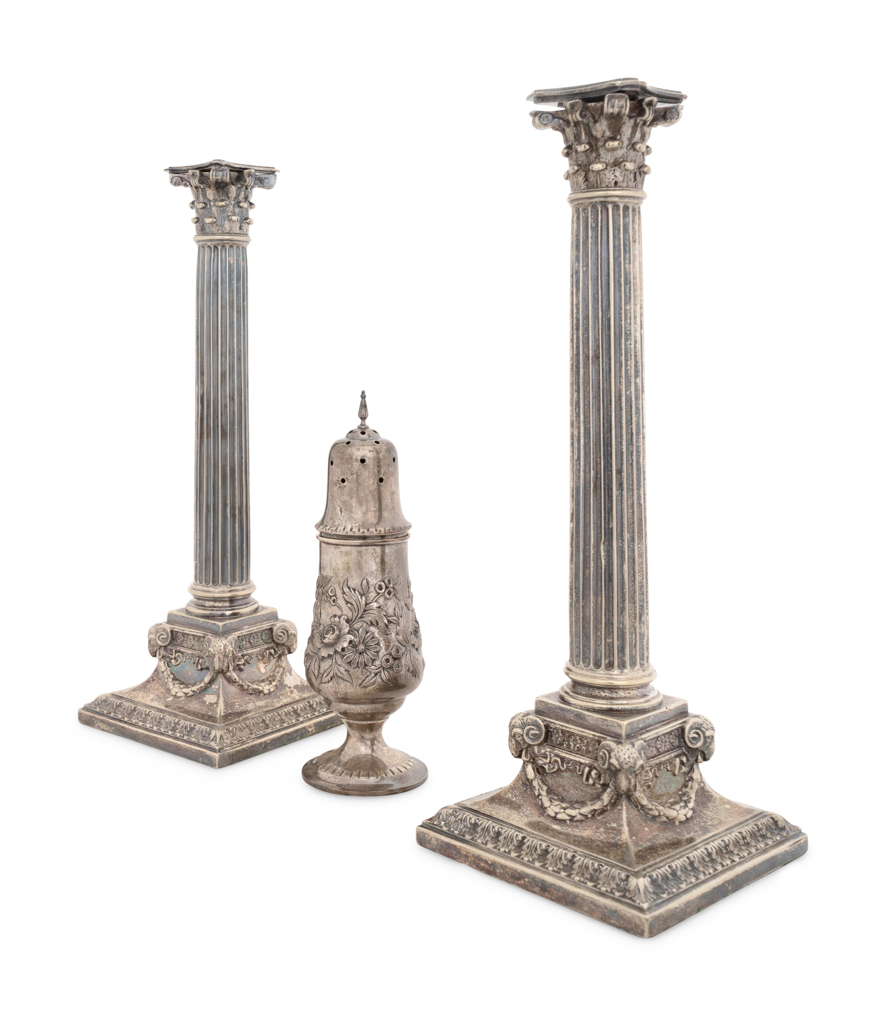 A Pair of English Silver-Plate Candlesticks and an American Silver Muffineer