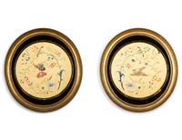 A Pair of Chinese Embroidered Silk Roundels in Gilt Frames