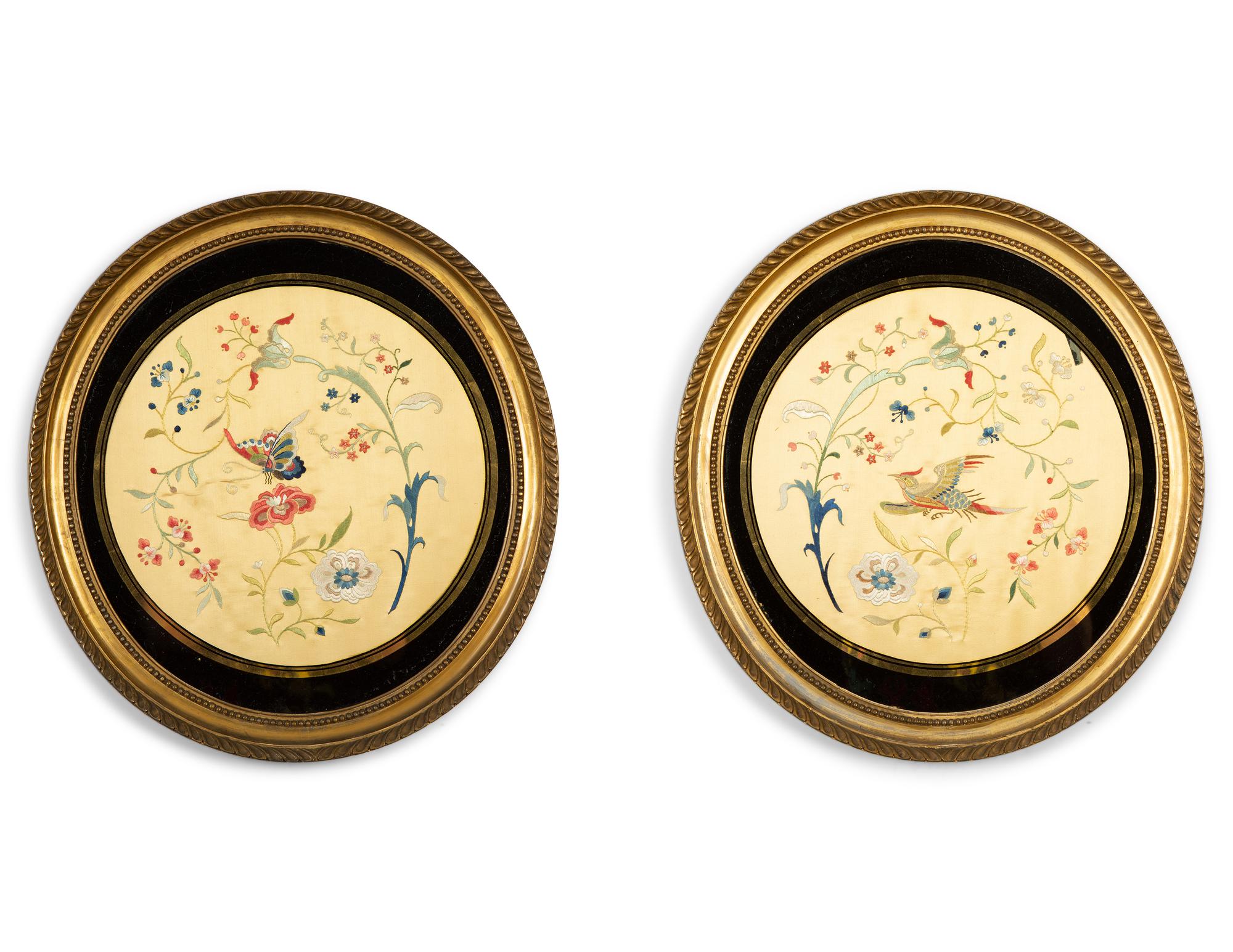 A Pair of Chinese Embroidered Silk Roundels in Gilt Frames