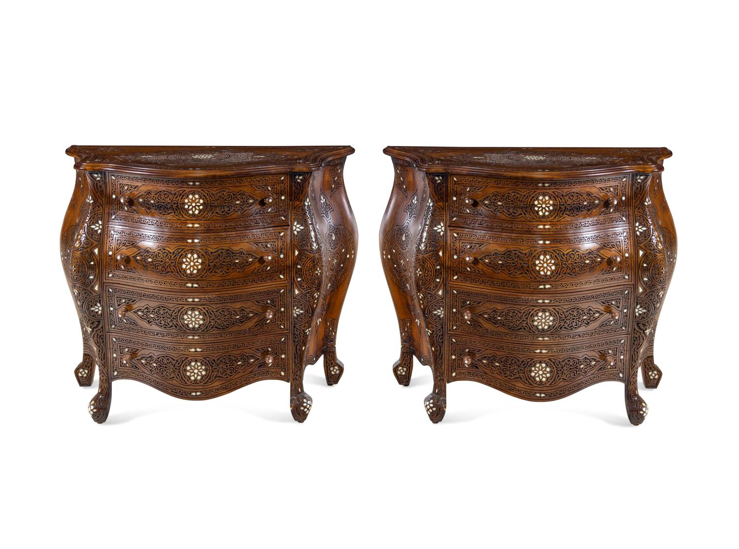 A Near Pair of Syrian Mother-of-Pearl Inlaid Walnut Bombe Chests