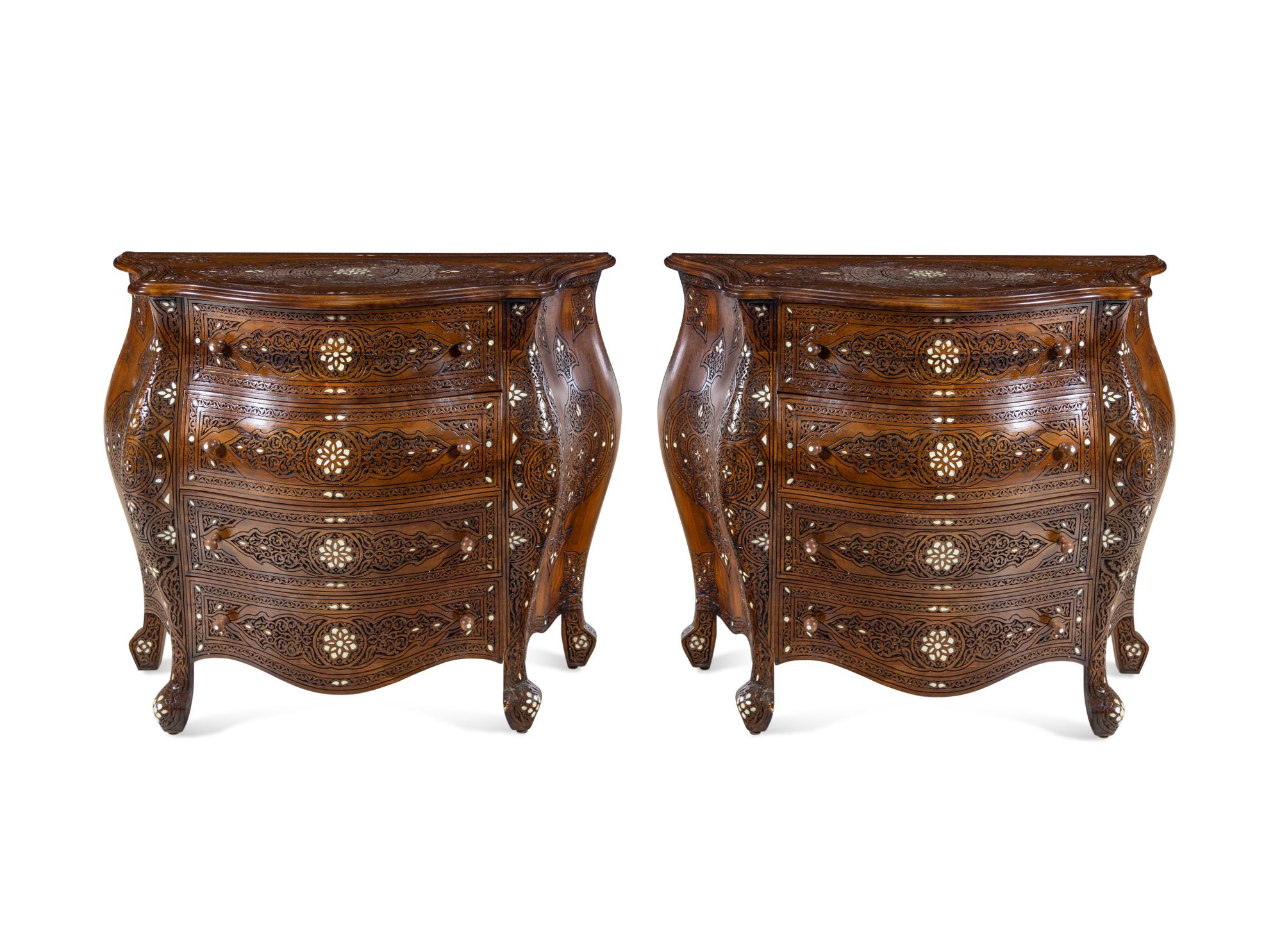 A Near Pair of Syrian Mother-of-Pearl Inlaid Walnut Bombe Chests