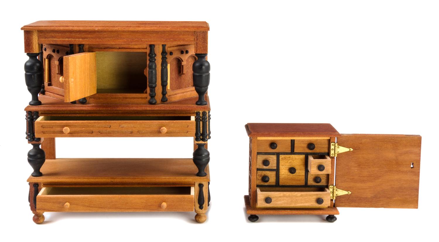 Two Jacobean Style Furniture Articles Height of first 4 3/4 x width 4 1/4 x depth 1 3/4 inches. — Warren Dick, 1974