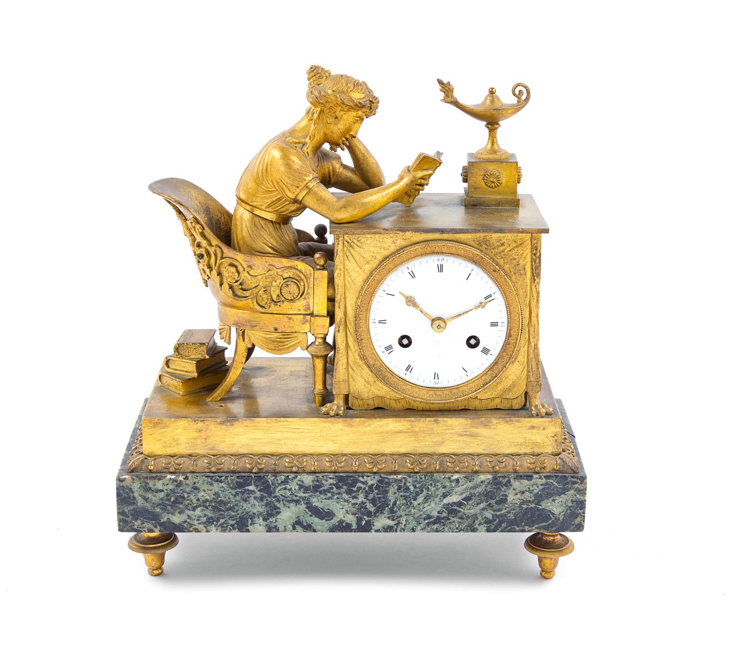 An Empire Gilt Bronze and Marble Mantel Clock Height 12 1/2 x width 11 1/2 x depth 5 1/2 inches. — CIRCA 1820