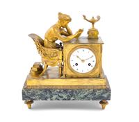 An Empire Gilt Bronze and Marble Mantel Clock Height 12 1/2 x width 11 1/2 x depth 5 1/2 inches. — CIRCA 1820
