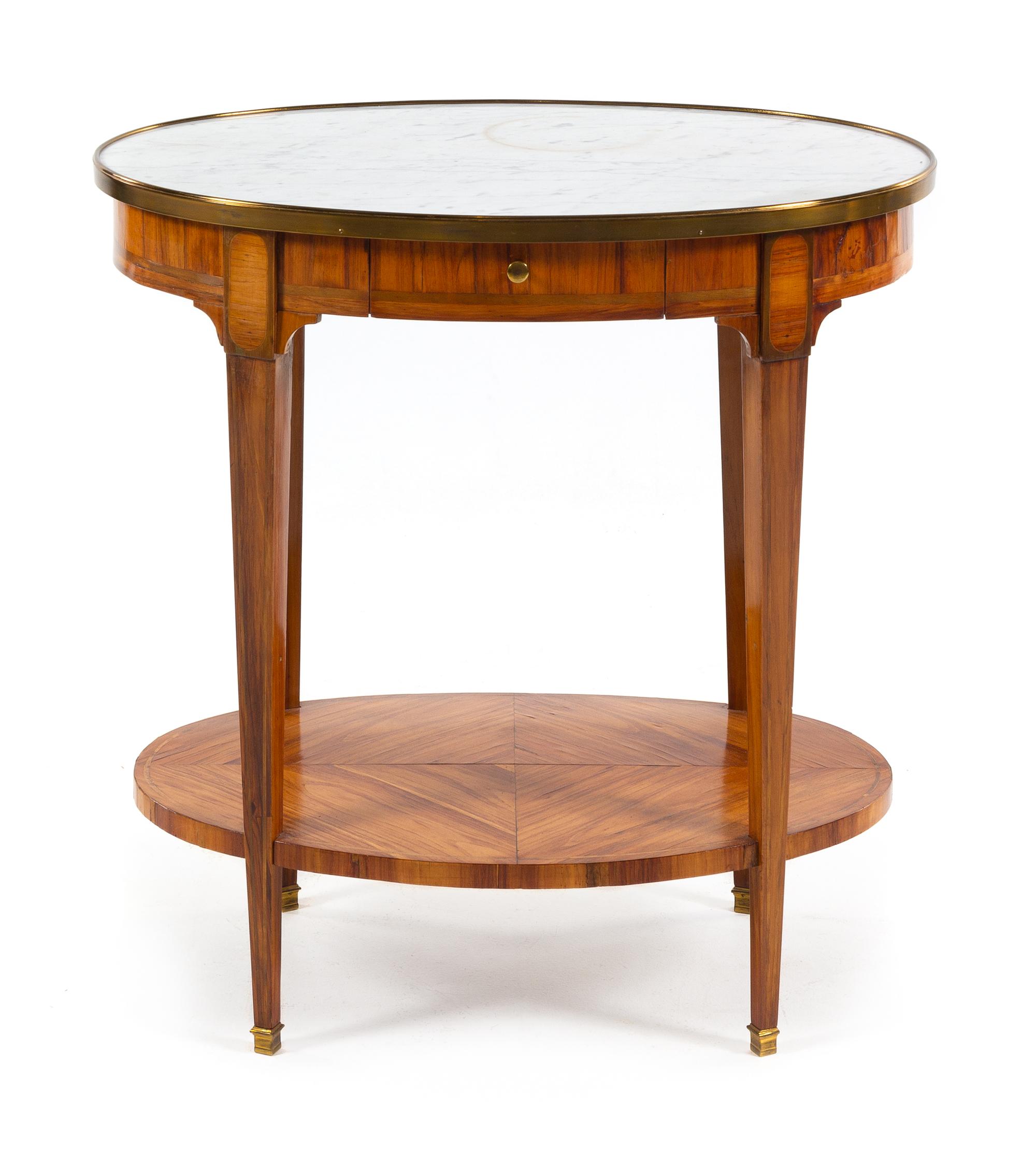 A Louis XVI Style Gilt Metal Mounted Tulipwood Side Table Height 29 x width 28 3/4 x depth 19 inches. — CIRCA 1900