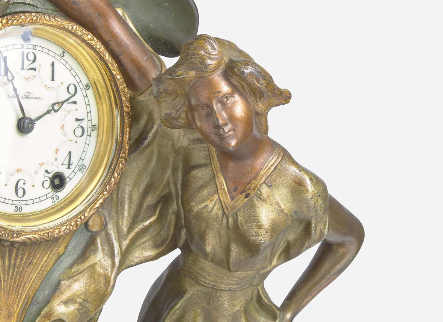 An Art Nouveau figural cold-painted bronze clock, Seth Thomas Clock Co. (founded 1813), Thomaston, CT, circa 1890