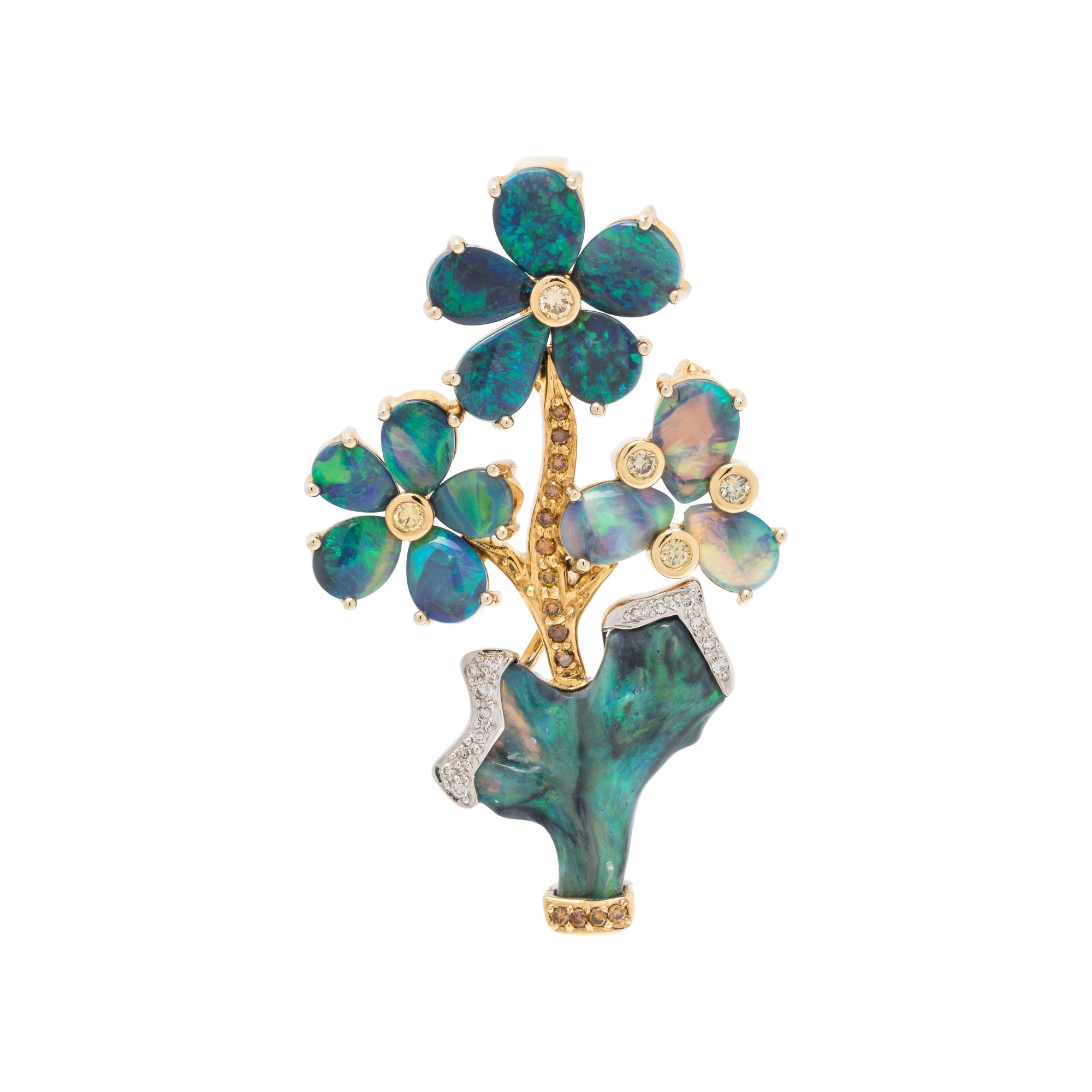 OPAL, COLORED DIAMOND AND DIAMOND FLOWER PENDANT/BROOCH