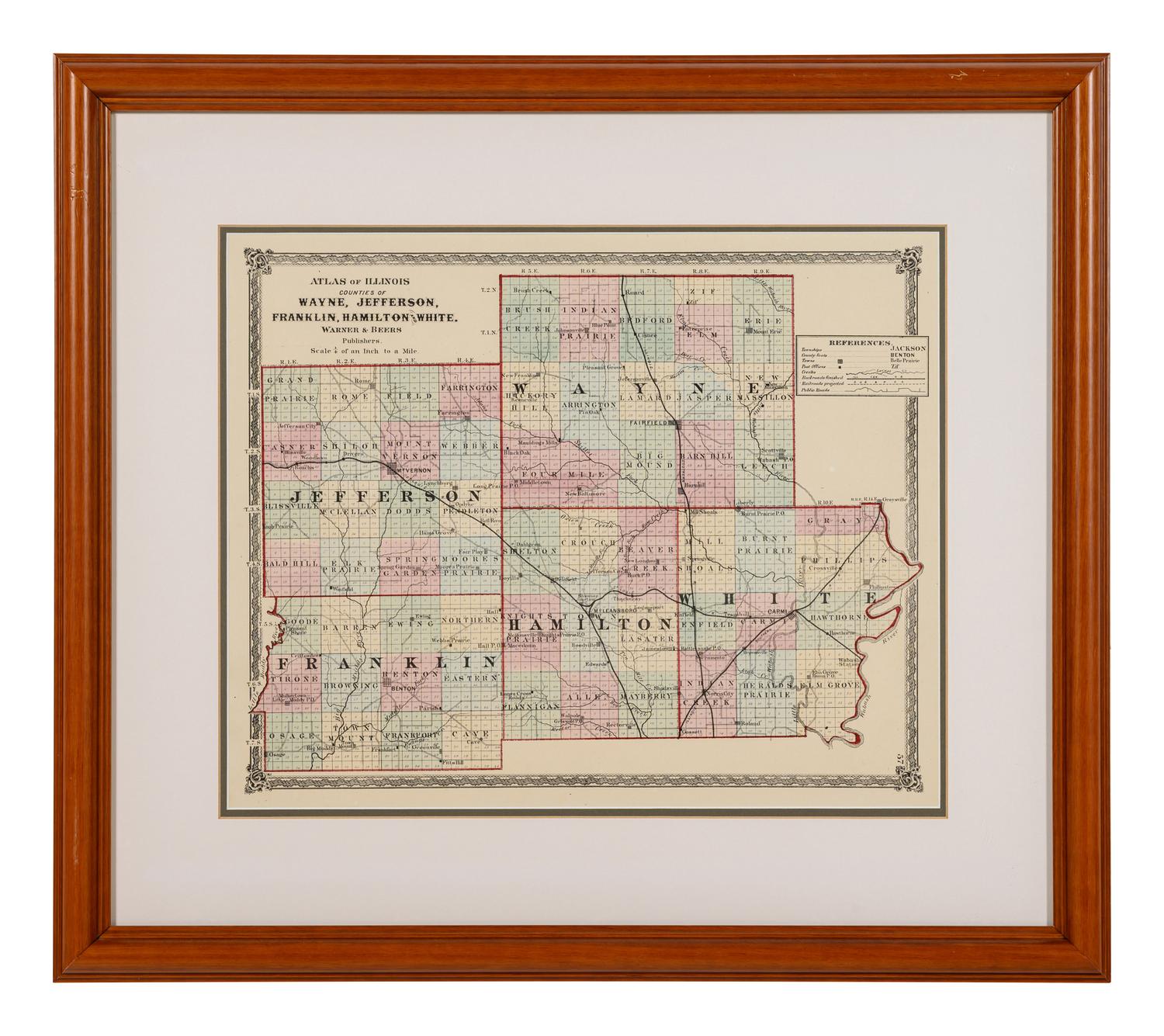 Atlas of Illinois: Counties of Wayne, Jefferson, Franklin, Hamilton, and White . Chicago: Warner & Beers, N.d. Plate 57. 23 ¼ x 26 ¼ in. Matted and framed.