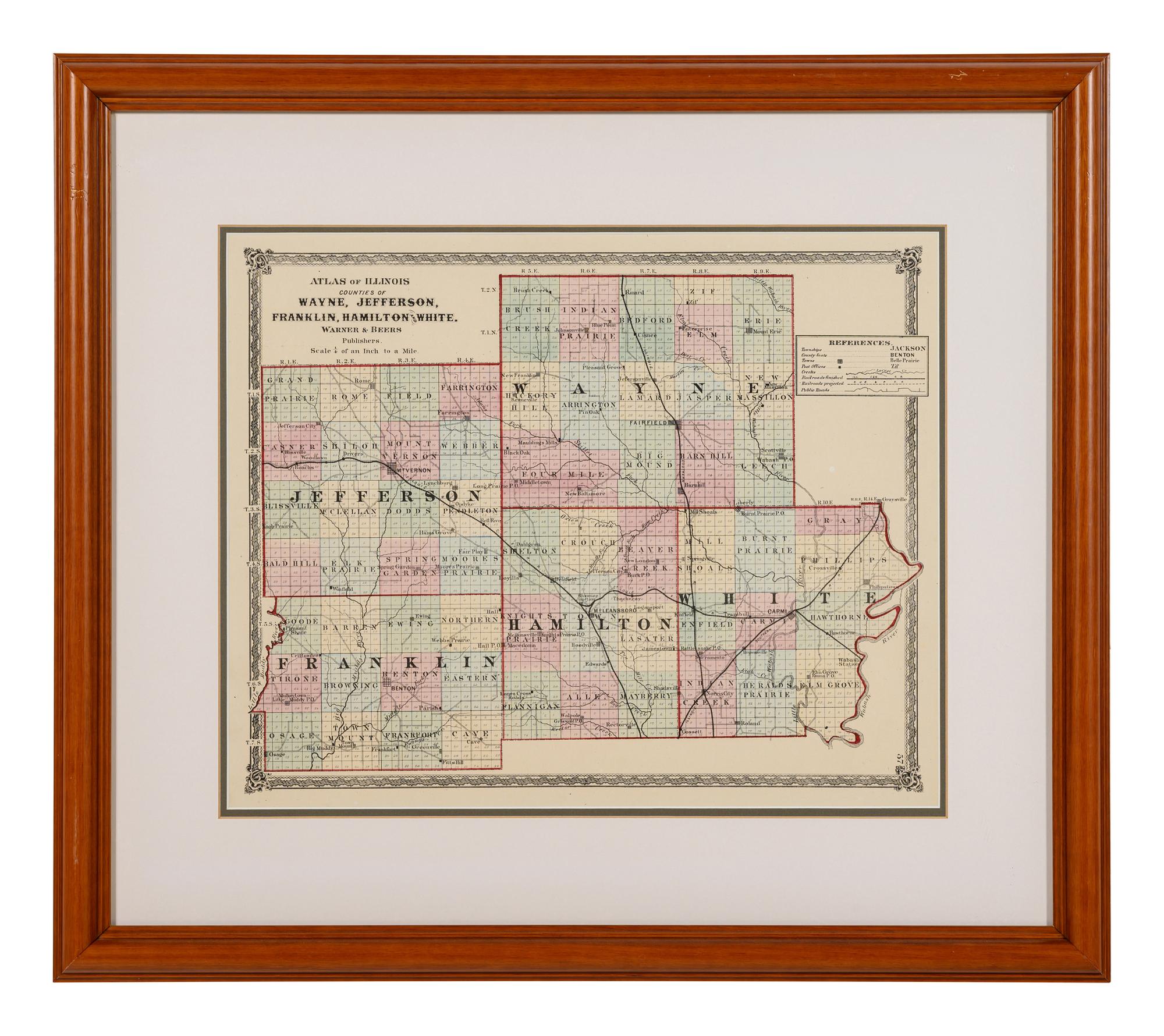 Atlas of Illinois: Counties of Wayne, Jefferson, Franklin, Hamilton, and White . Chicago: Warner & Beers, N.d. Plate 57. 23 ¼ x 26 ¼ in. Matted and framed.
