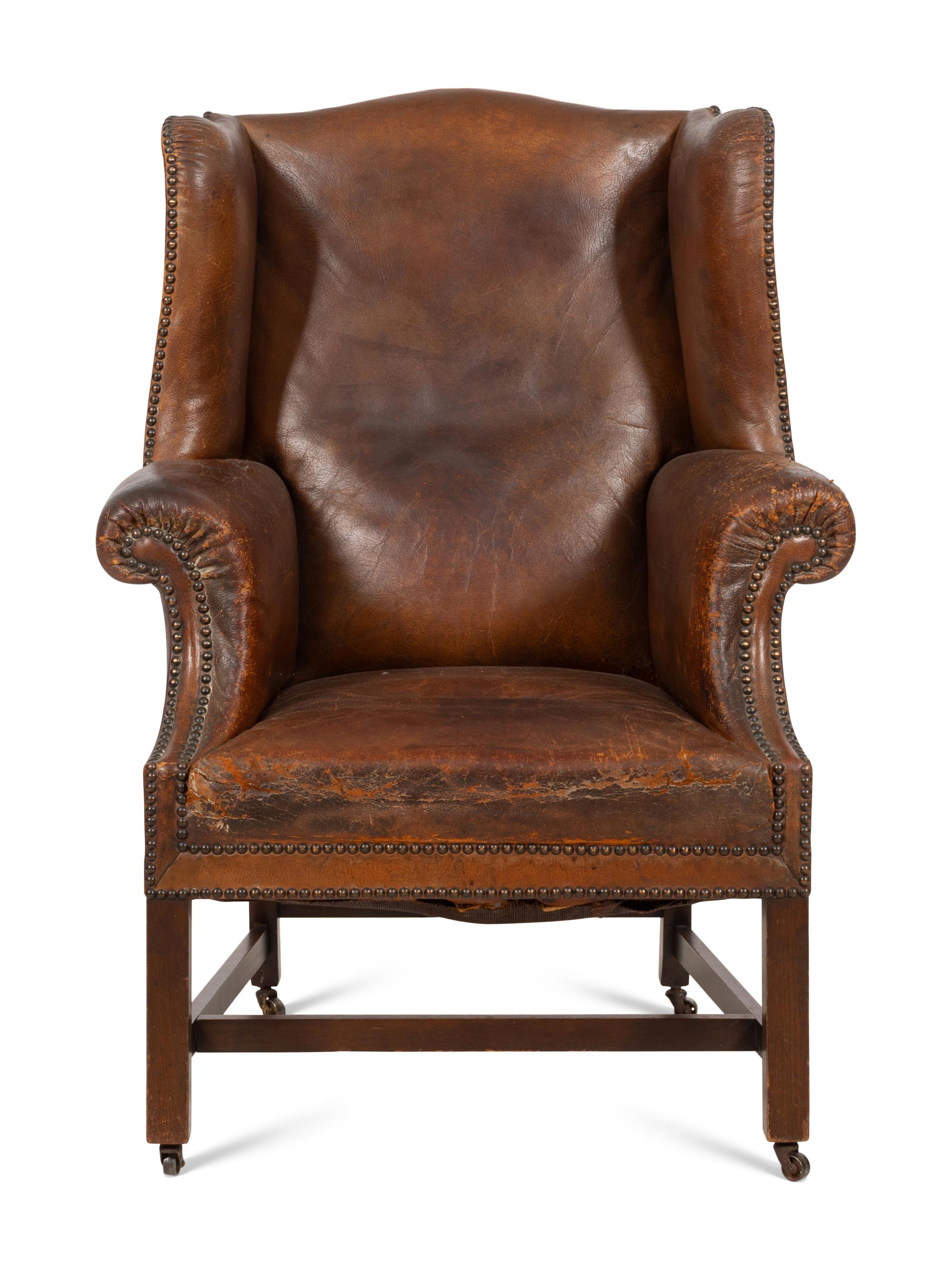 An English Leather-Upholstered Wingback Chair