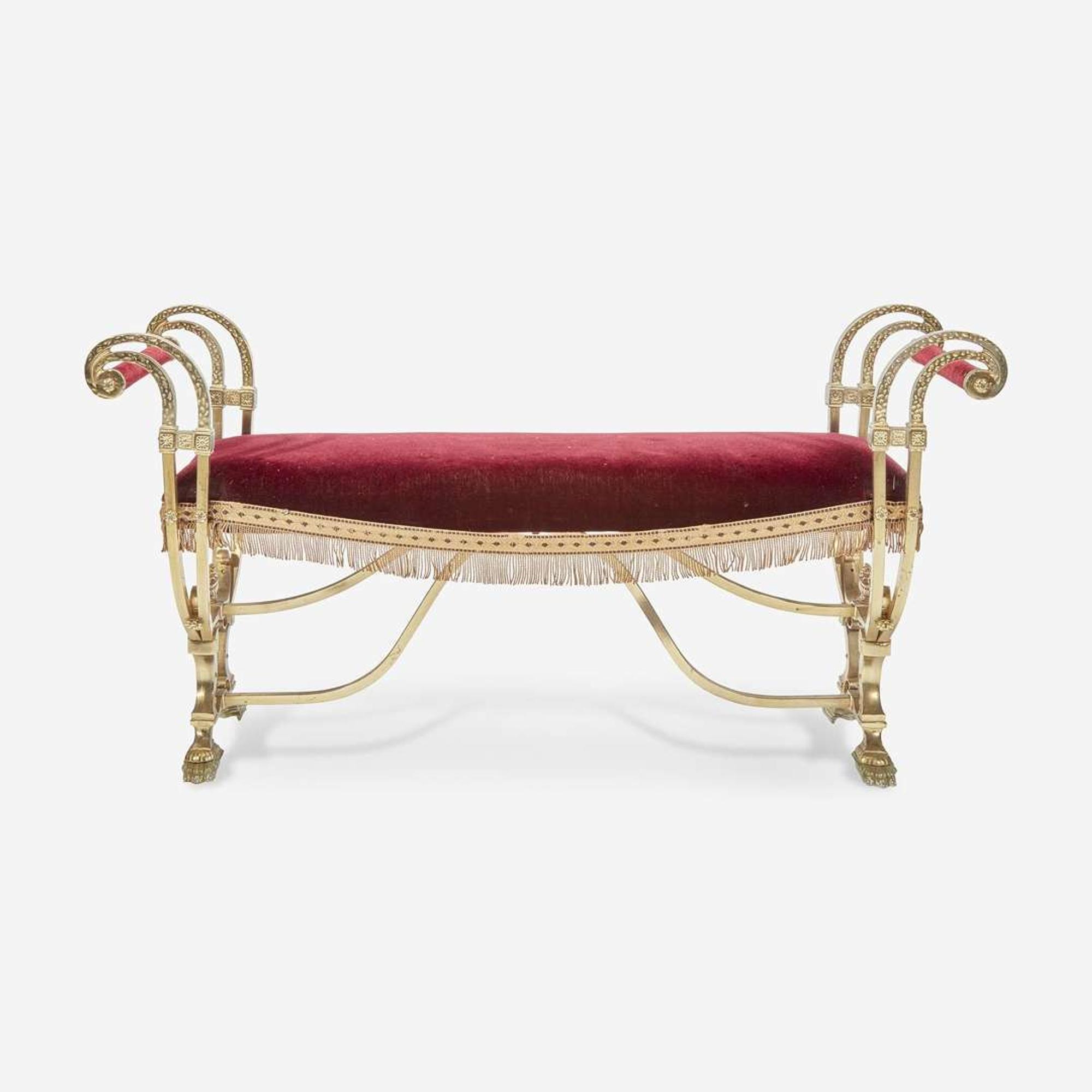 An Empire Style Velvet Upholstered Brass Bench Early 20th century