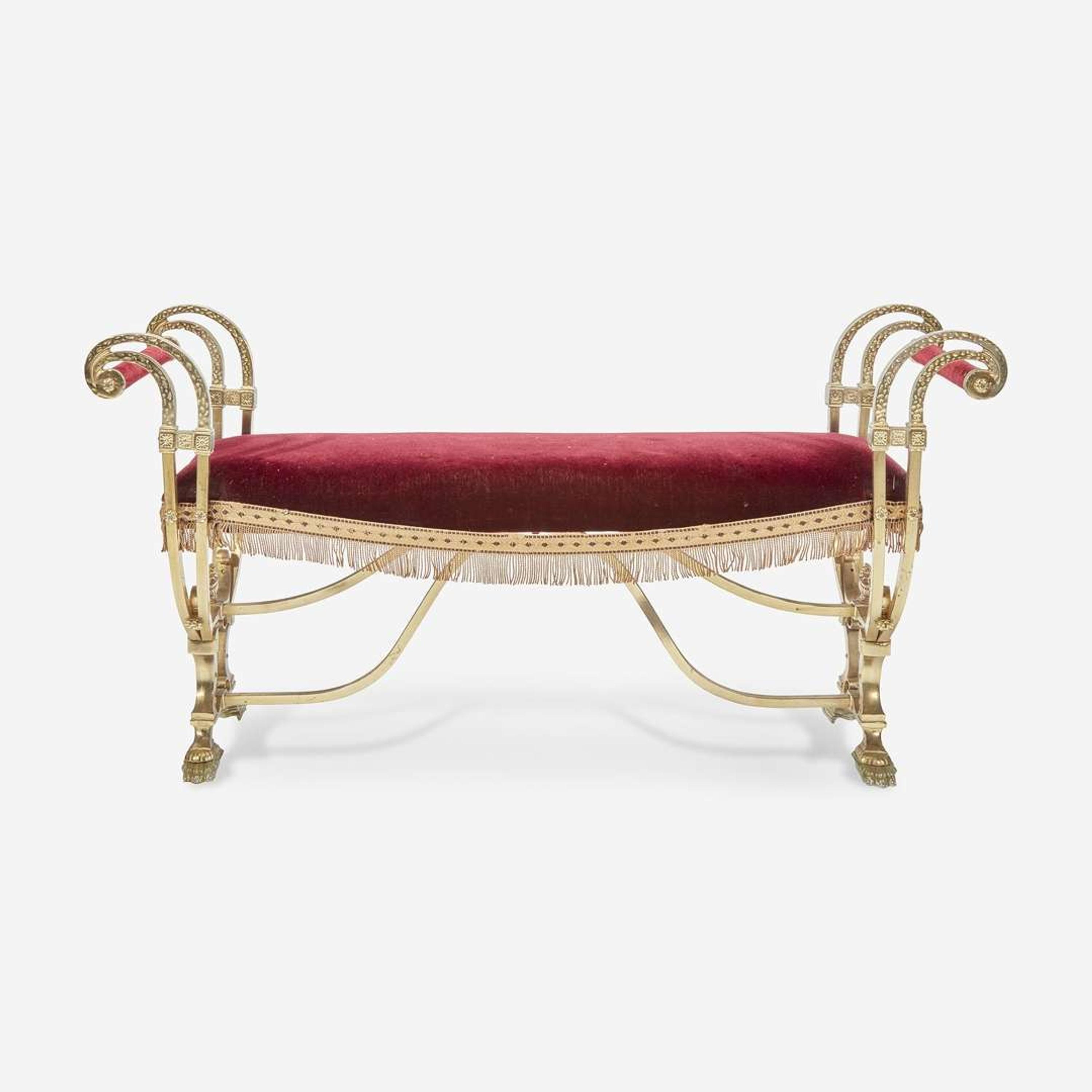 An Empire Style Velvet Upholstered Brass Bench Early 20th century