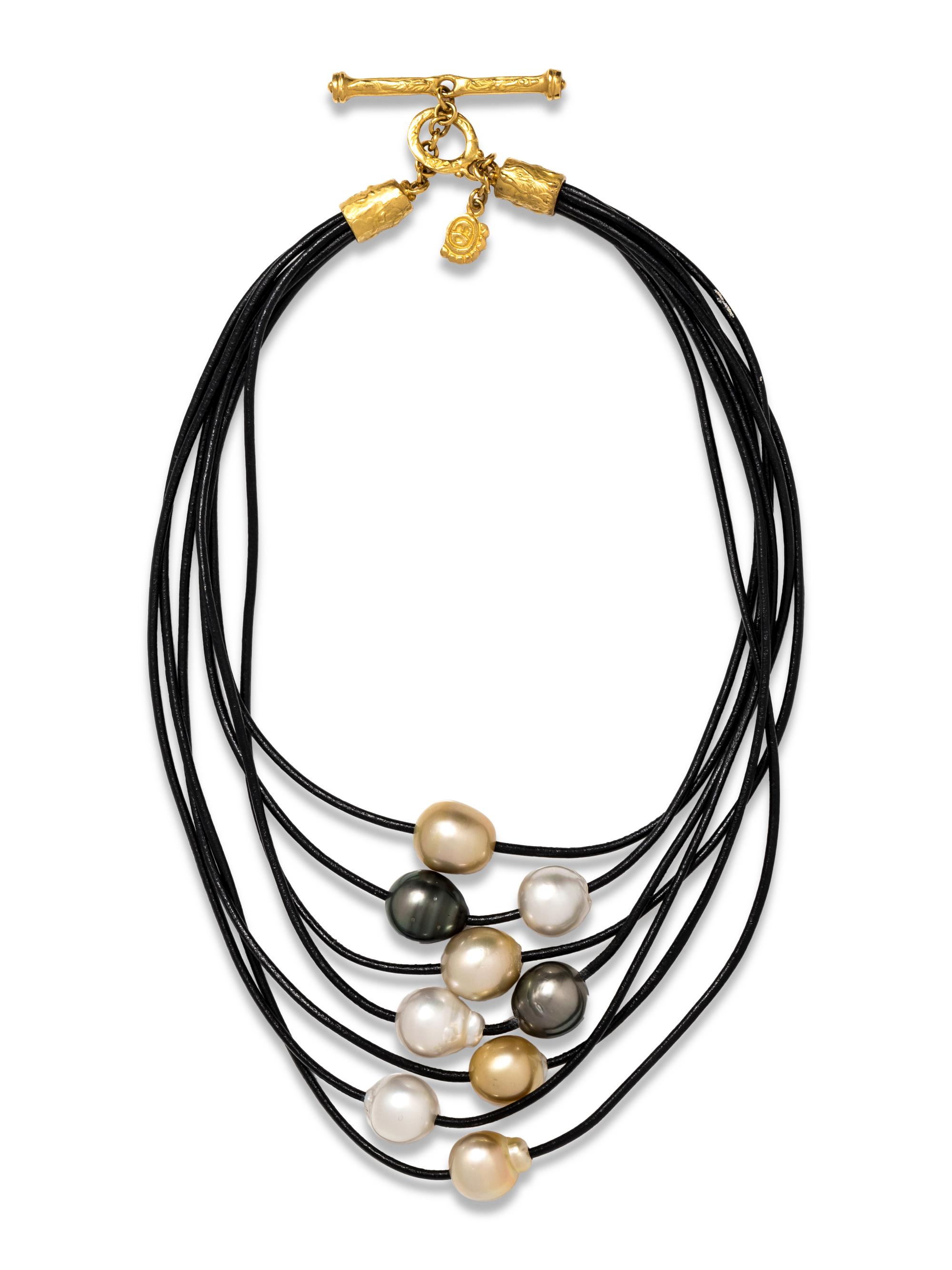 DENISE ROBERGE, LEATHER, CULTURED PEARL AND HIGH KARAT GOLD NECKLACE