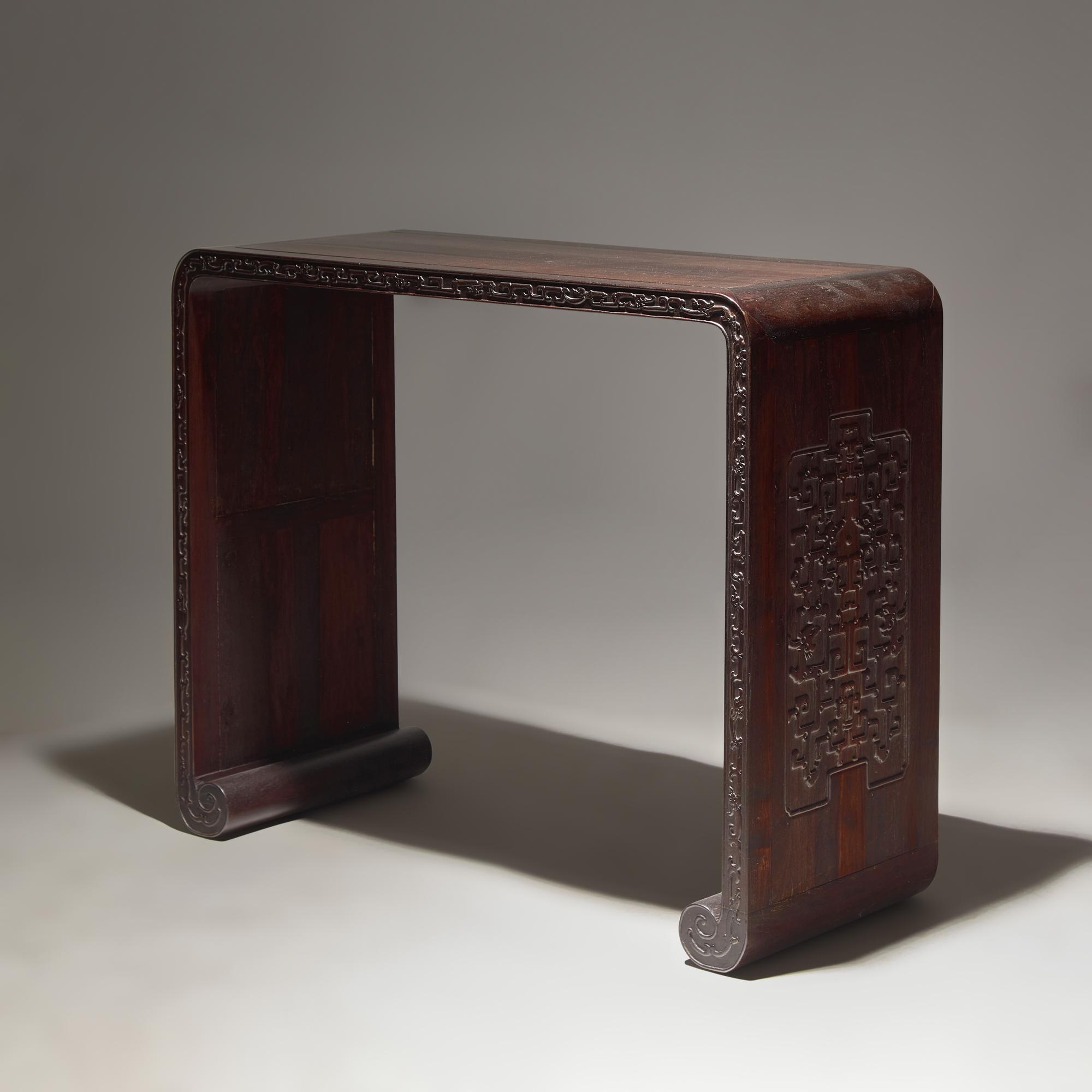 A Chinese Zitan and Hardwood Scroll-Form Altar Table — 紫檀及硬木夔龍紋下卷式小條案