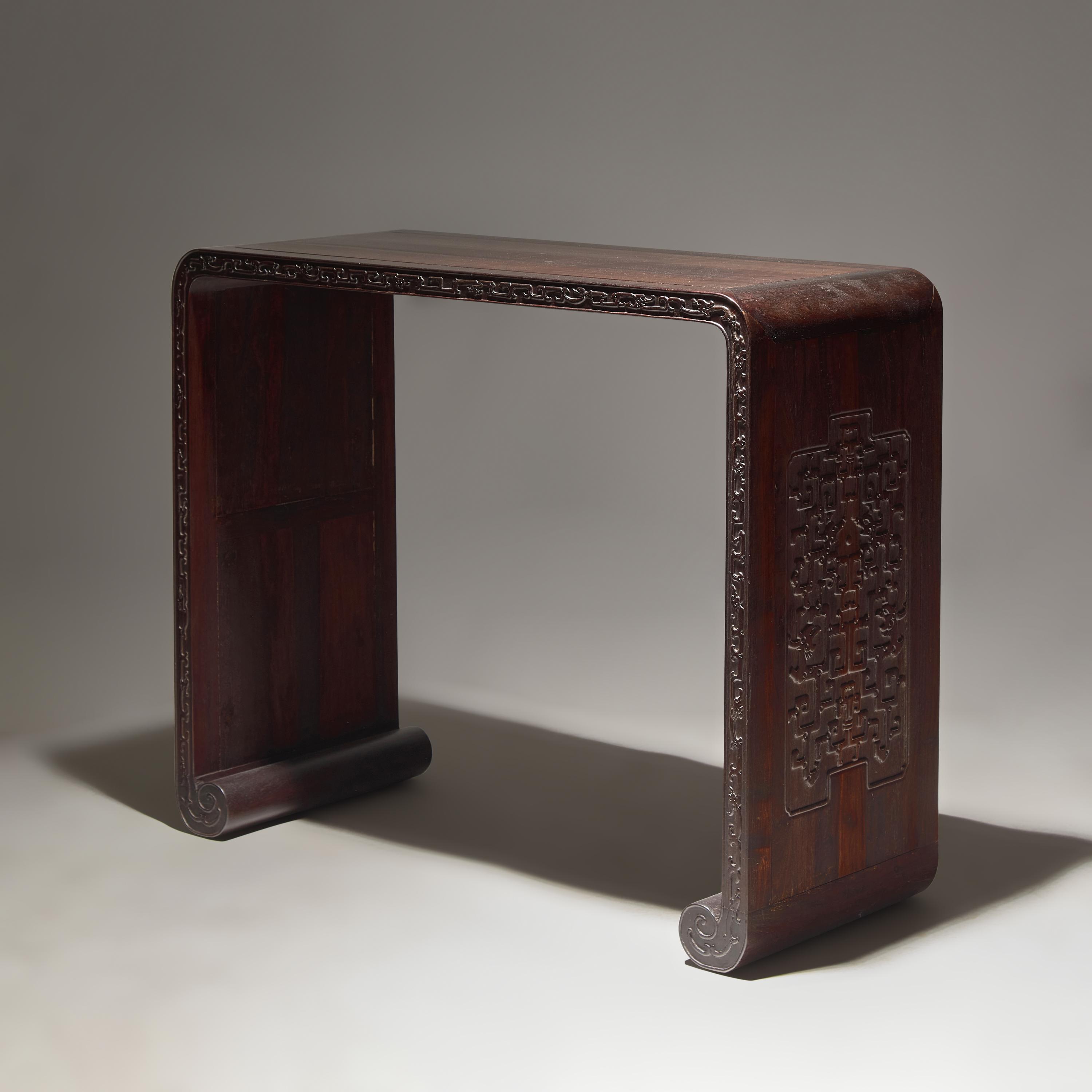 A Chinese Zitan and Hardwood Scroll-Form Altar Table — 紫檀及硬木夔龍紋下卷式小條案