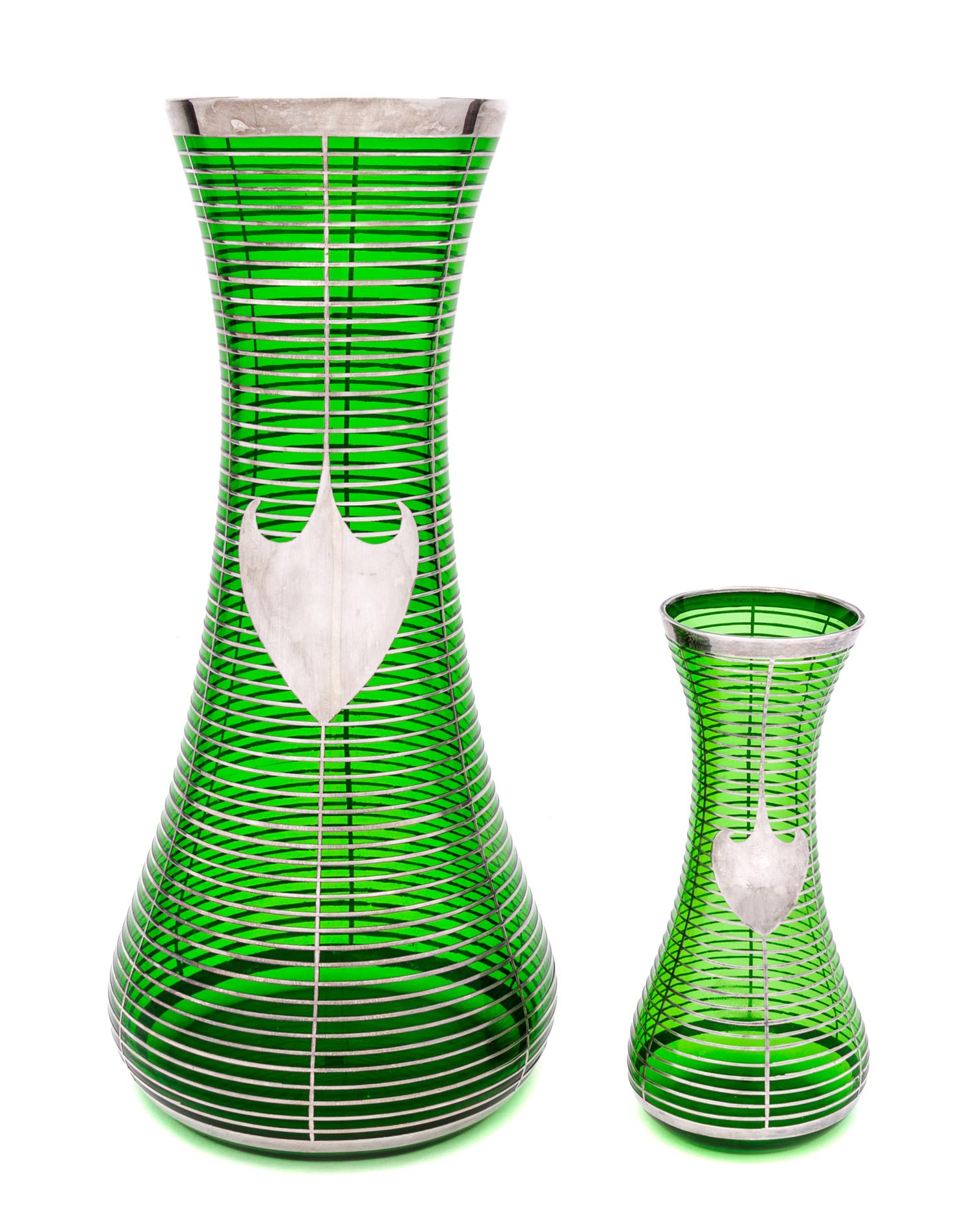 Two Silver Overlay Glass Vases Height of taller 11 7/8 inches.
