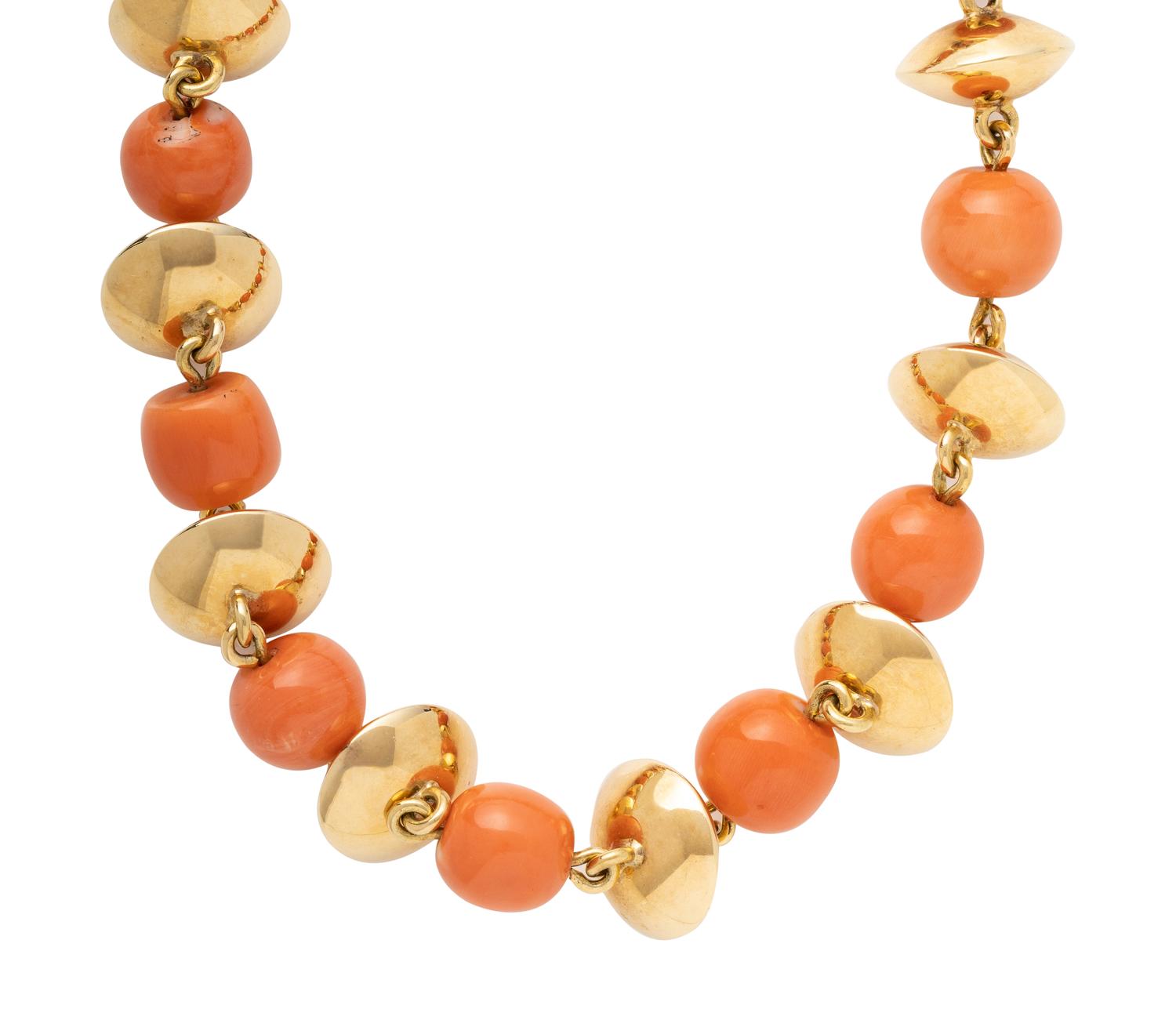 YELLOW GOLD AND CORAL BEAD NECKLACE