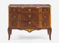 A Louis XVI style gilt-bronze mounted parquetry commode with breccia marble top, Brunovan, Inc., Paris and New York, first half 20th century
