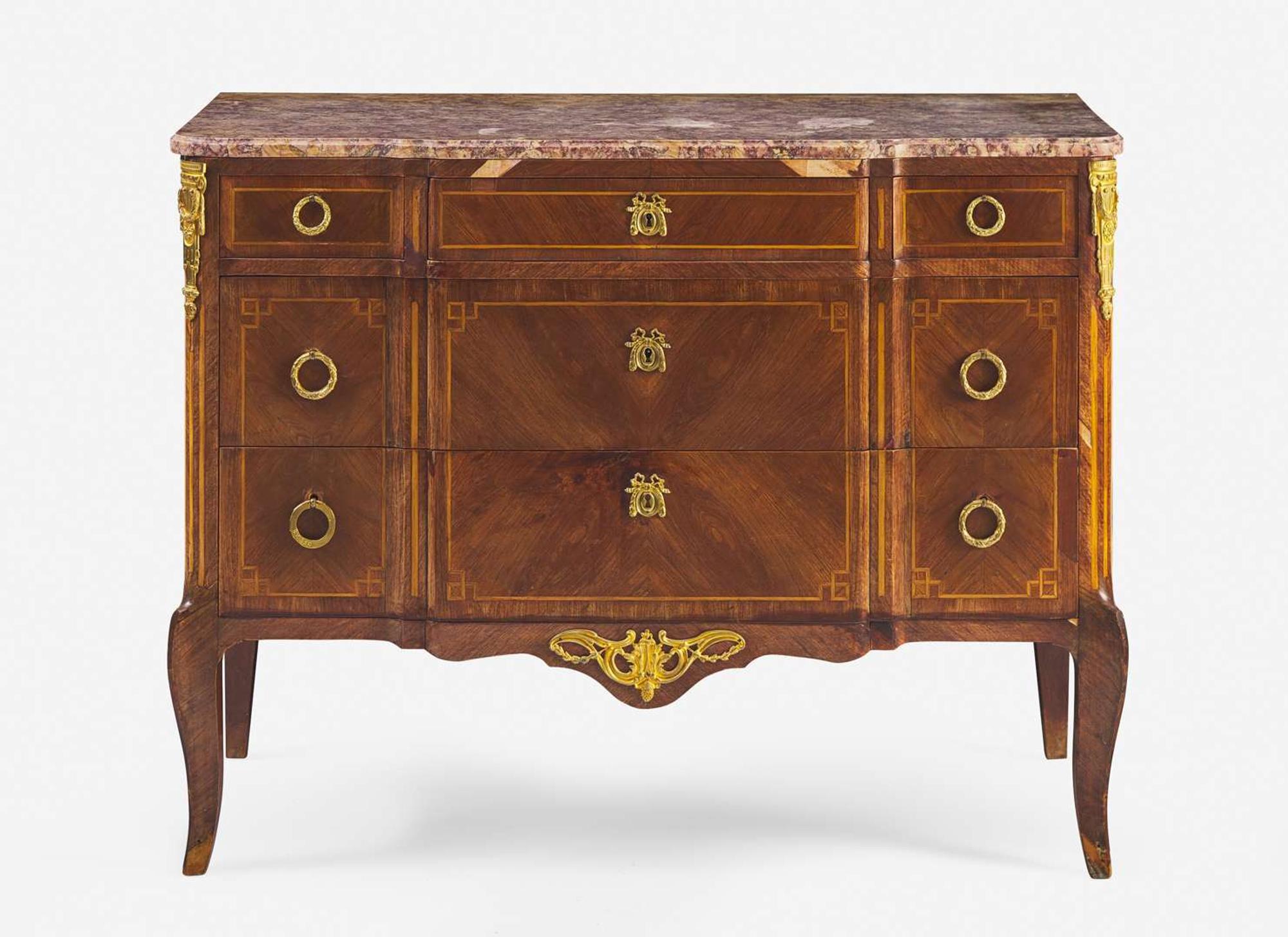 A Louis XVI style gilt-bronze mounted parquetry commode with breccia marble top, Brunovan, Inc., Paris and New York, first half 20th century