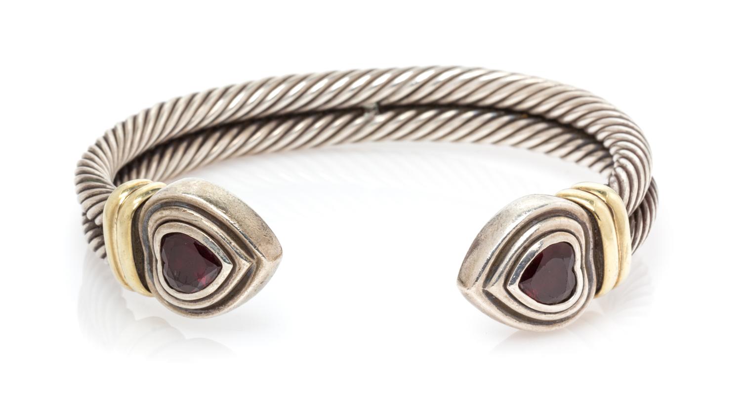 DAVID YURMAN, STERLING SILVER, YELLOW GOLD AND GARNET 'DOUBLE CABLE HEART' CUFF BRACELET