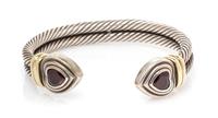 DAVID YURMAN, STERLING SILVER, YELLOW GOLD AND GARNET 'DOUBLE CABLE HEART' CUFF BRACELET
