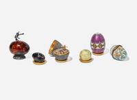 A group of five sterling silver, silver gilt, enamel, and semiprecious eggs, various makers, 20th century