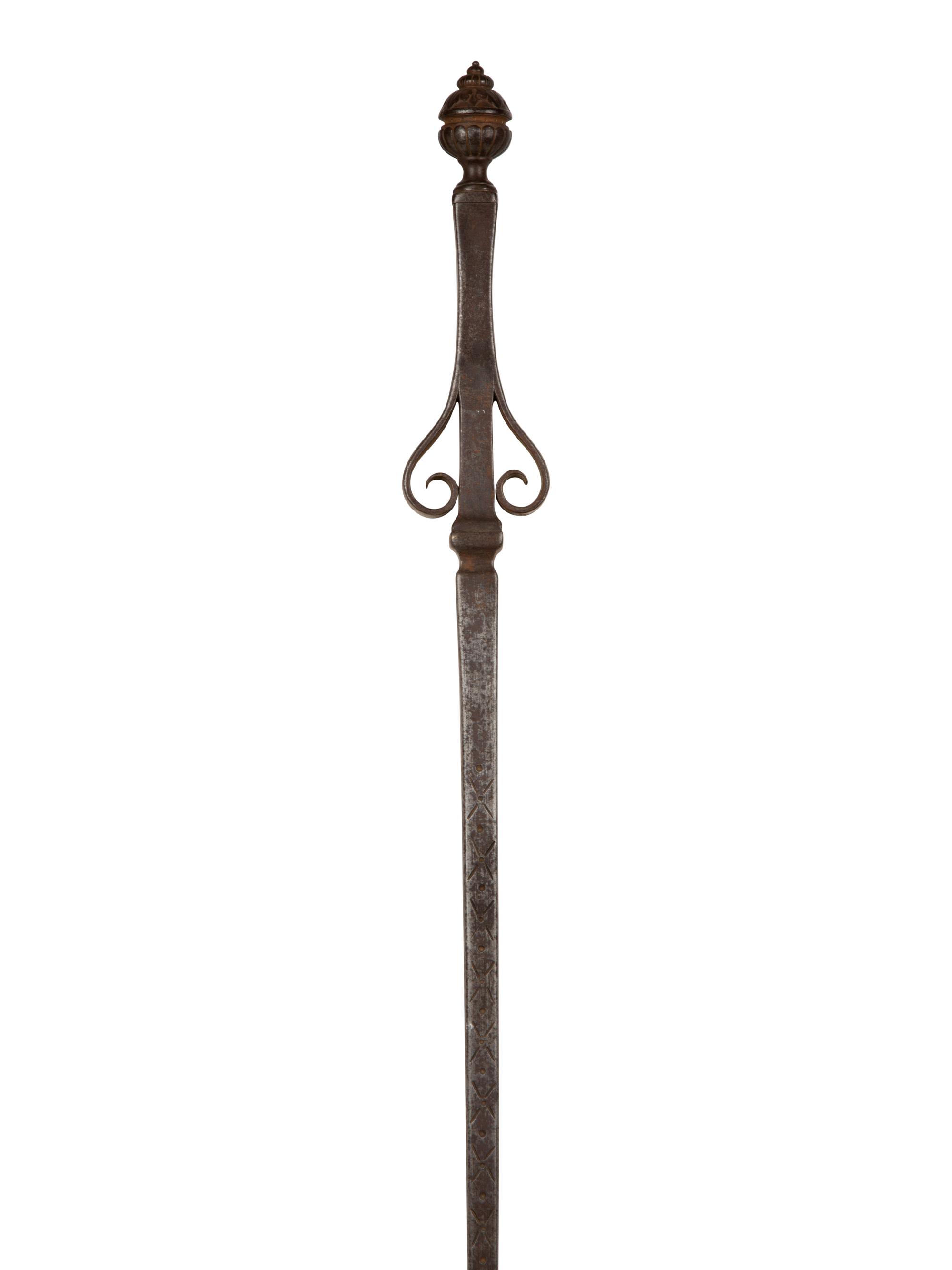 A Set of Continental Wrought Iron Fire Tools with a Pair of Tool Stands — 19TH CENTURY