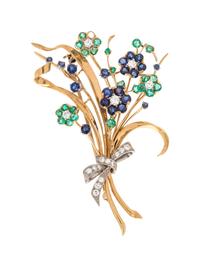 An 18 Karat Yellow Gold, Platinum, Emerald, Sapphire and Diamond Brooch,