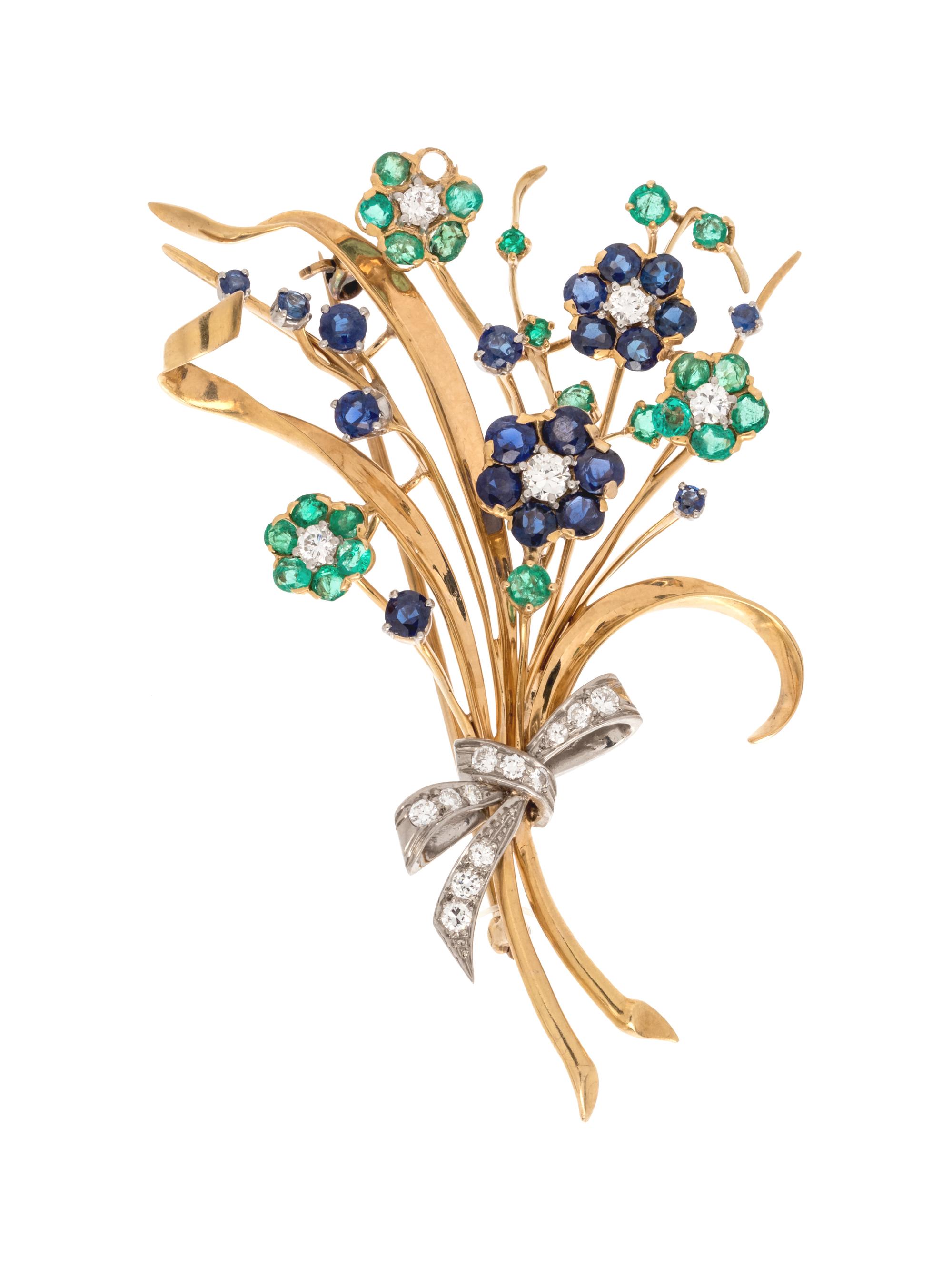An 18 Karat Yellow Gold, Platinum, Emerald, Sapphire and Diamond Brooch,