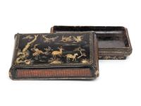 A Chinese Lacquer and Basketwork Box and Cover, Ming to Early Qing Dynasty 明-清初 黑漆描金鹿鶴同春竹編長方蓋盒